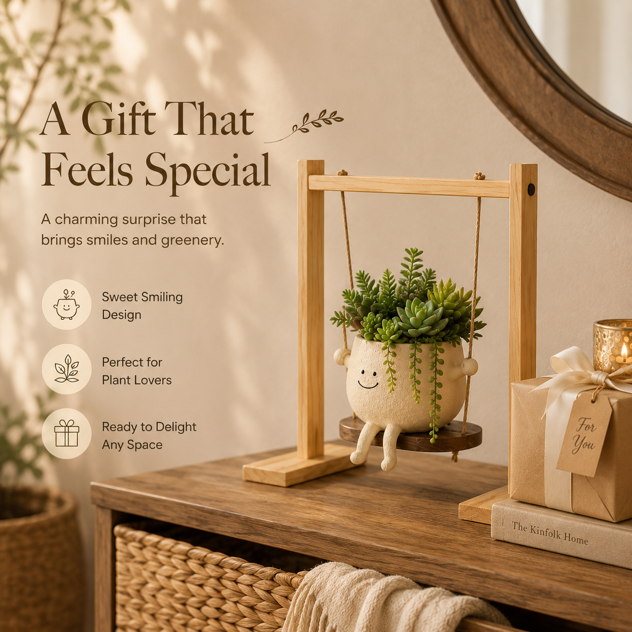 Whimsical Smiling Planter Duo – Charming Swing and Rocking Chair Pots for Home Styling