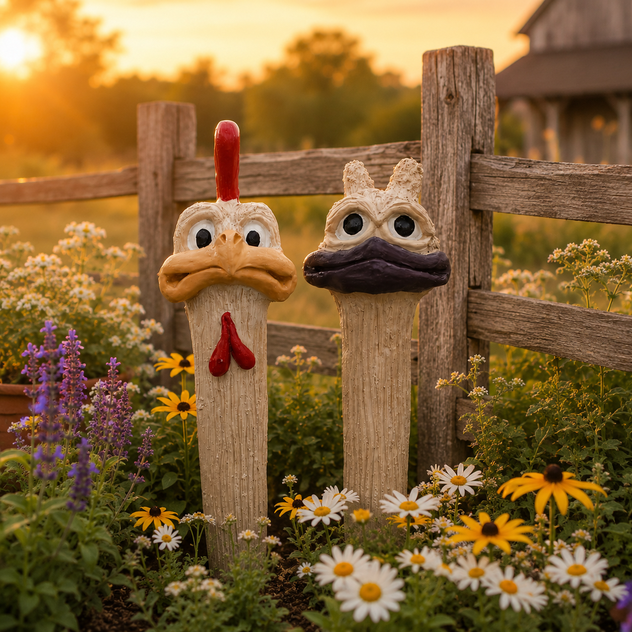 Whimsical Chicken & Ostrich Garden Stake Set – Hand-Painted Animal Decor for Flower Beds & Planters-2PCS