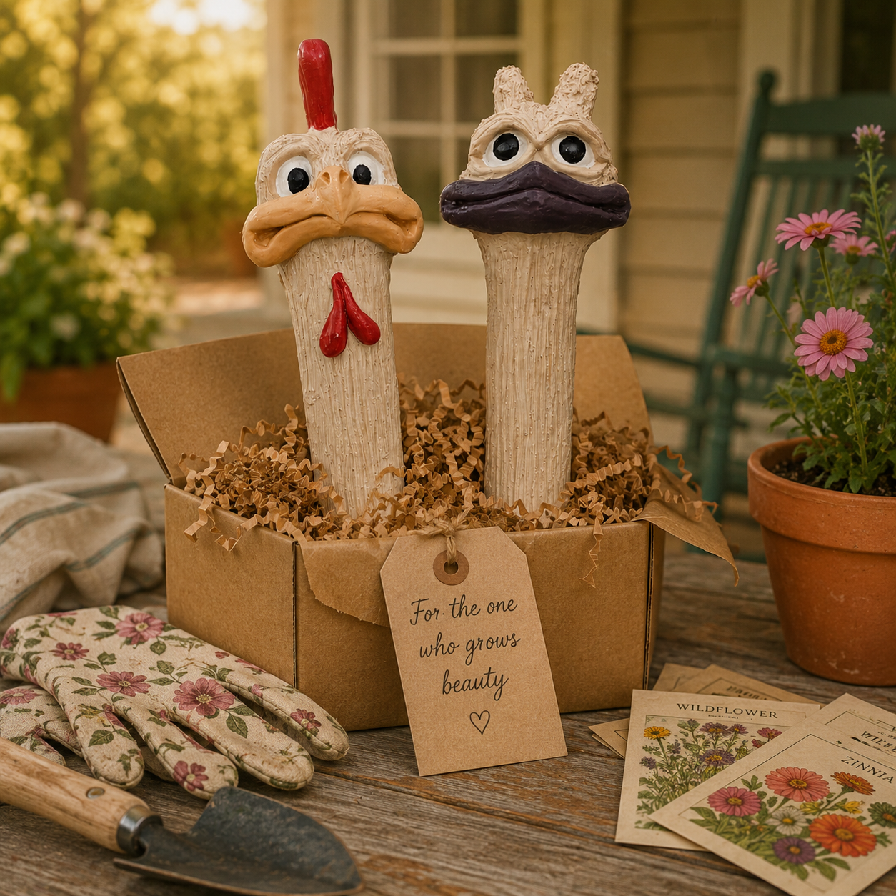 Whimsical Chicken & Ostrich Garden Stake Set – Hand-Painted Animal Decor for Flower Beds & Planters-2PCS
