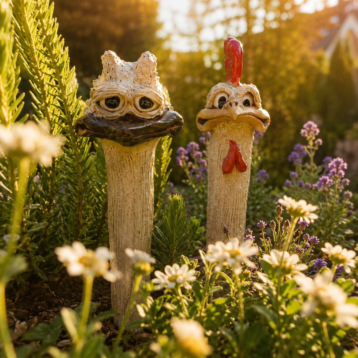 Whimsical Chicken & Ostrich Garden Stake Set – Hand-Painted Animal Decor for Flower Beds & Planters-2PCS