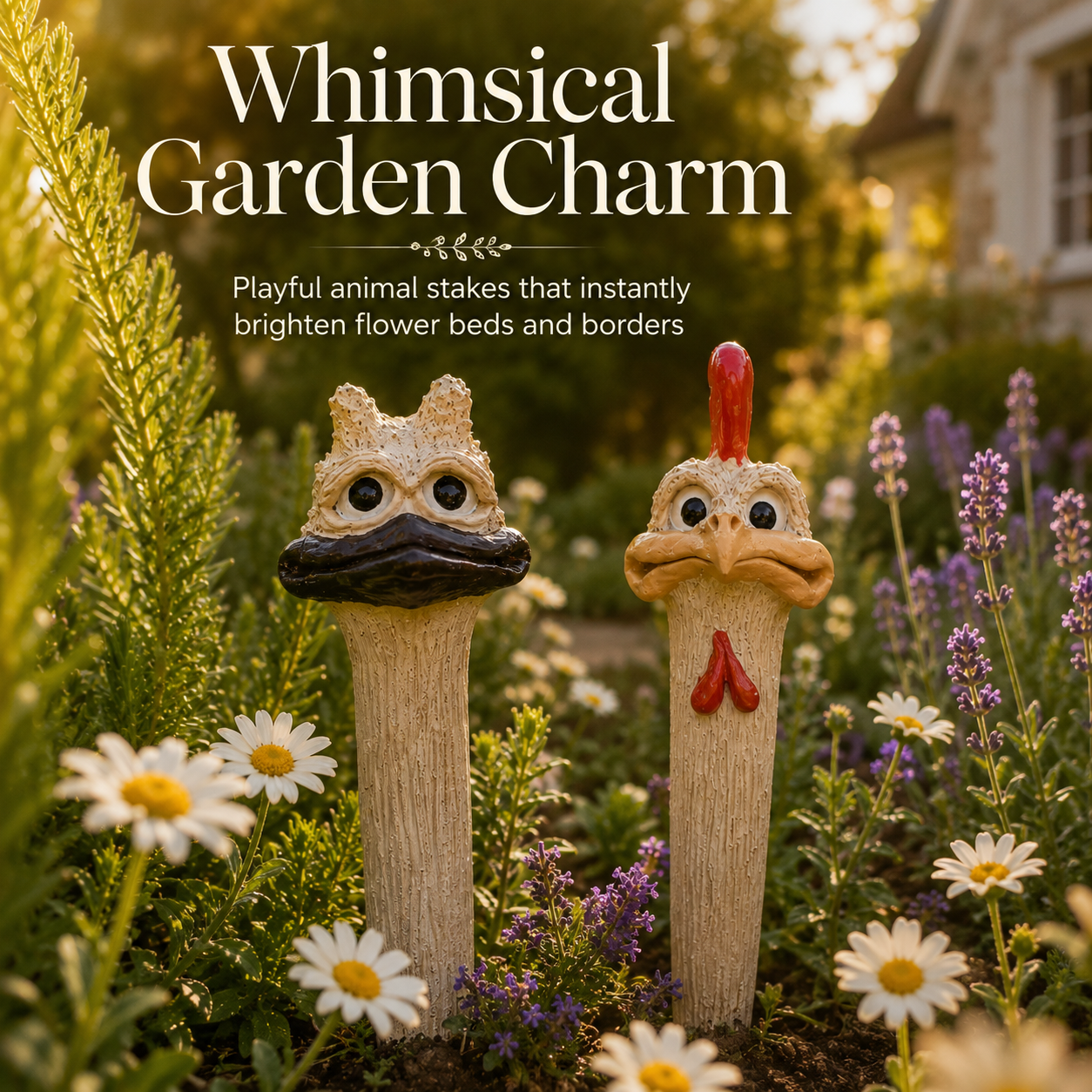 Whimsical Chicken & Ostrich Garden Stake Set – Hand-Painted Animal Decor for Flower Beds & Planters-2PCS