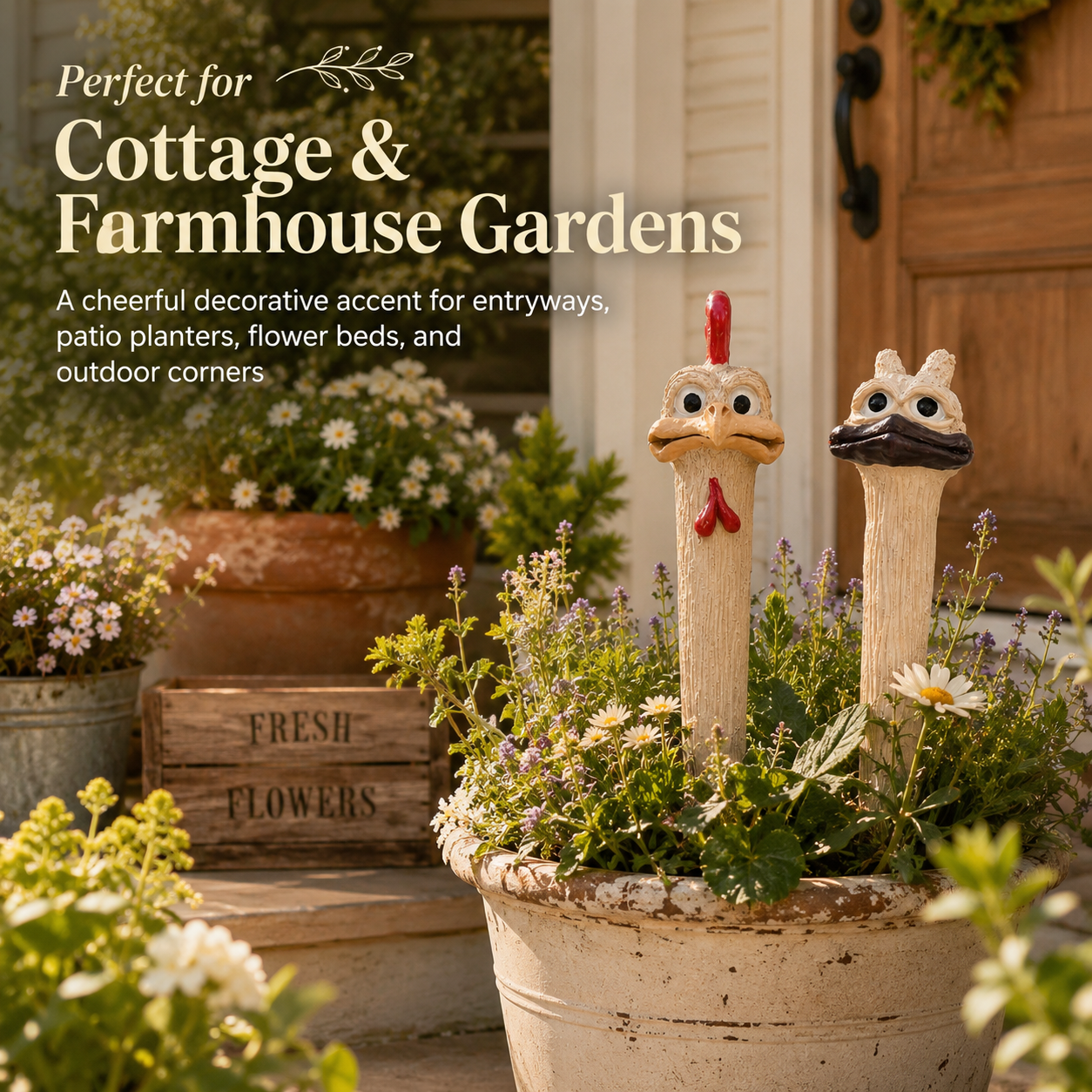 Whimsical Chicken & Ostrich Garden Stake Set – Hand-Painted Animal Decor for Flower Beds & Planters-2PCS