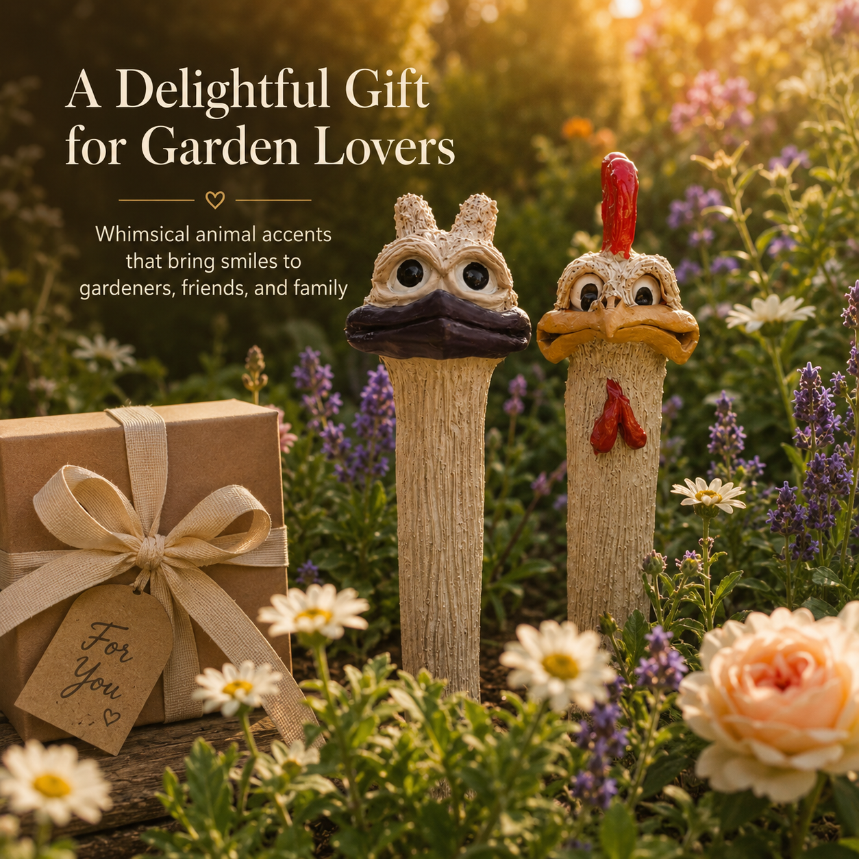 Whimsical Chicken & Ostrich Garden Stake Set – Hand-Painted Animal Decor for Flower Beds & Planters-2PCS