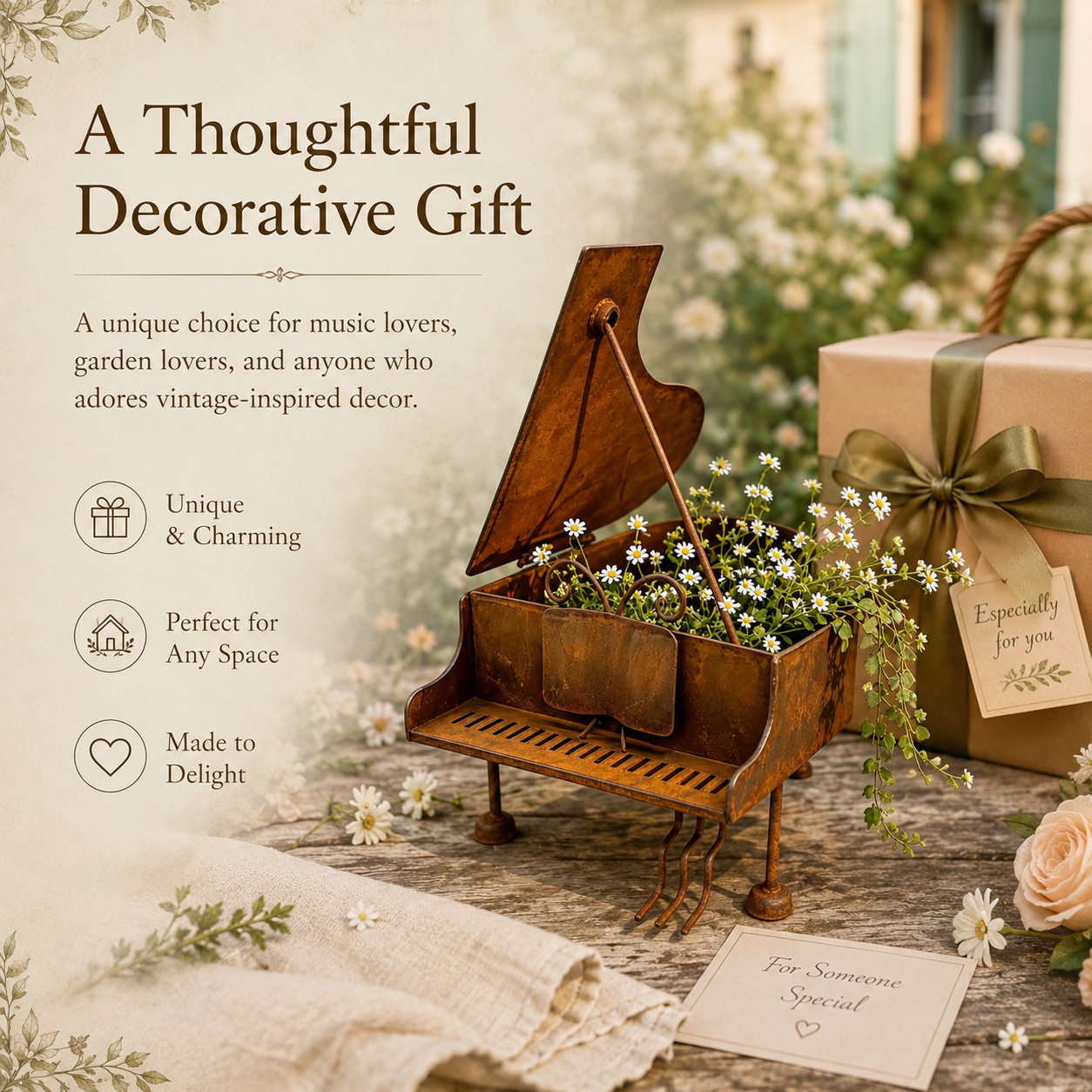 Rustic Piano-Shaped Metal Planter – A Charming Decorative Piece for Music & Garden Lovers