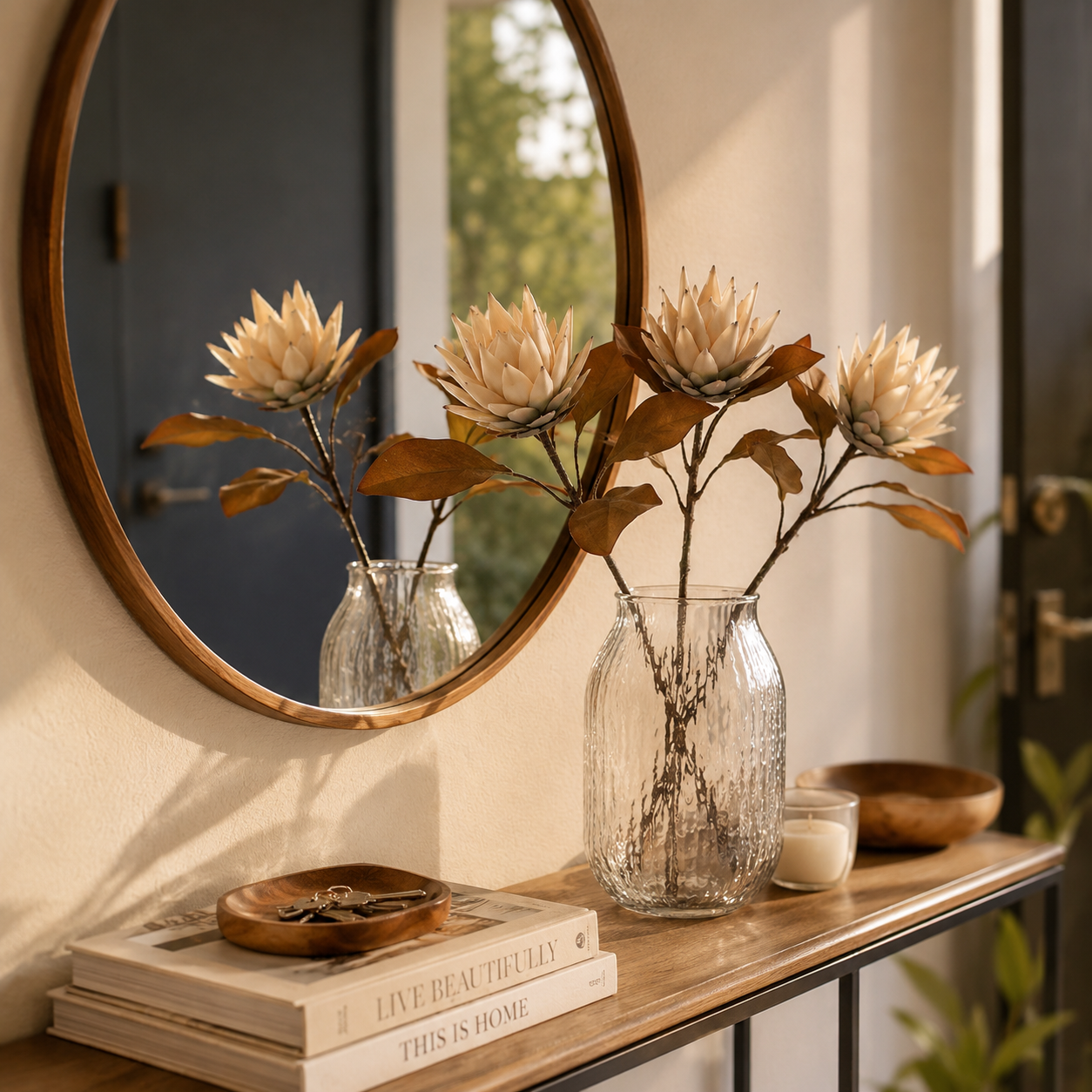 Vintage Cream Protea Stem with Rustic Brown Foliage
