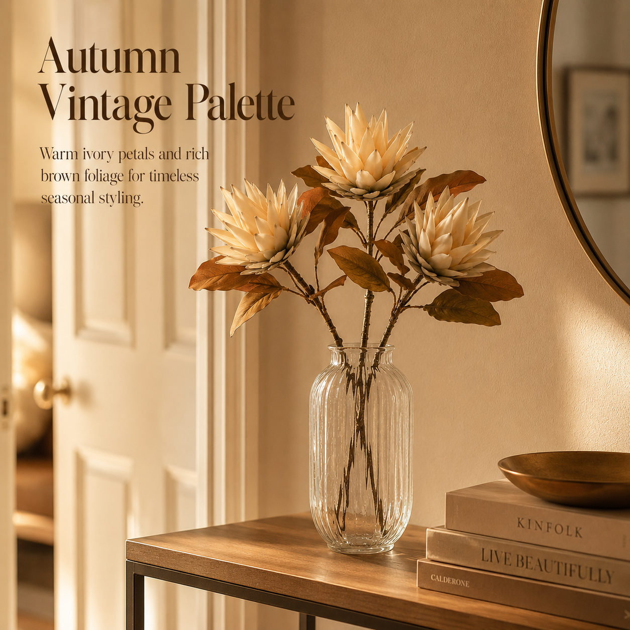 Vintage Cream Protea Stem with Rustic Brown Foliage