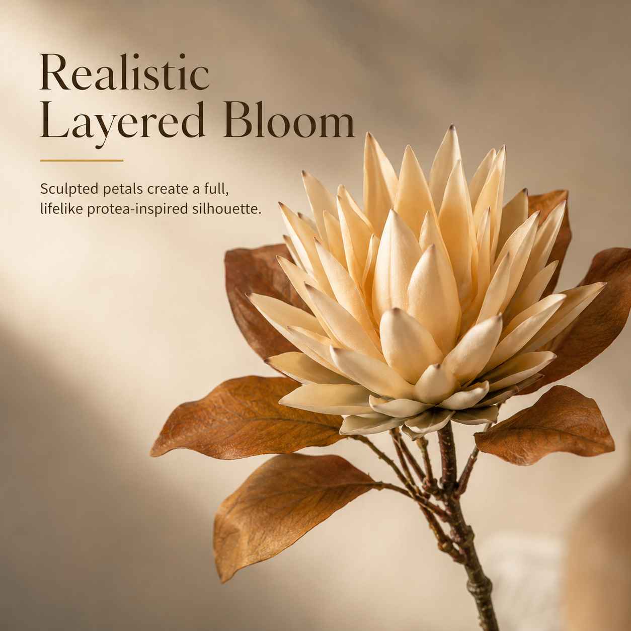 Vintage Cream Protea Stem with Rustic Brown Foliage