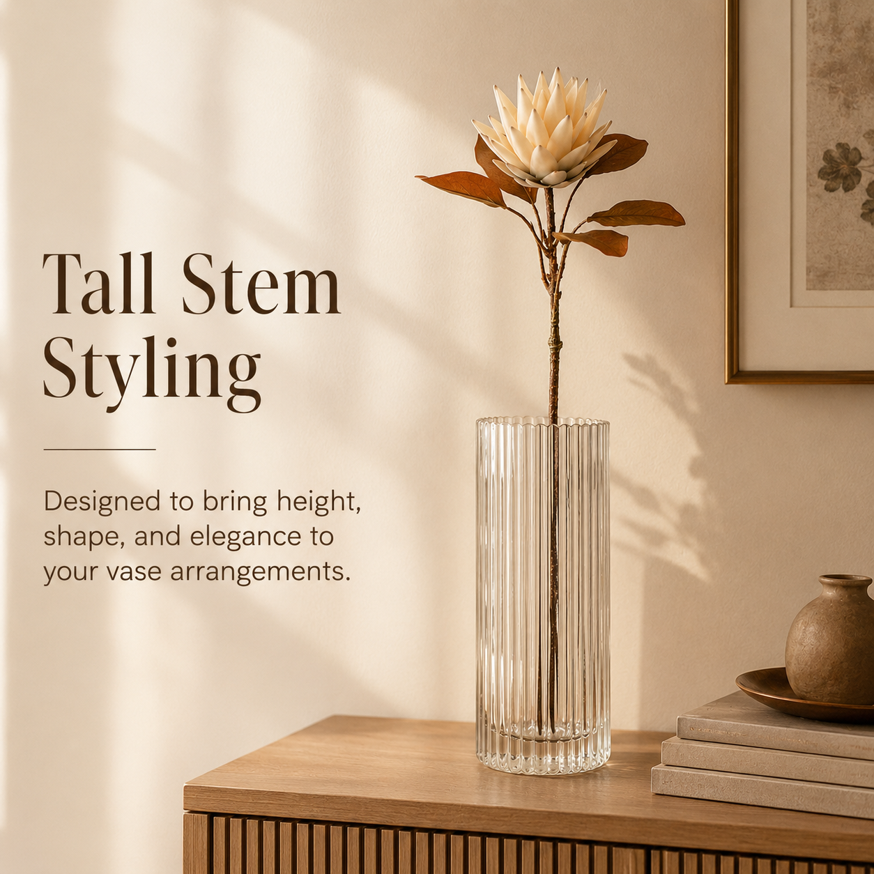 Vintage Cream Protea Stem with Rustic Brown Foliage
