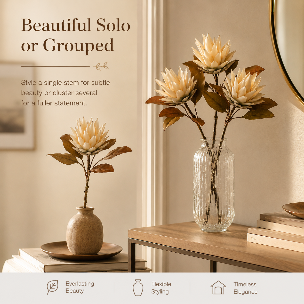 Vintage Cream Protea Stem with Rustic Brown Foliage