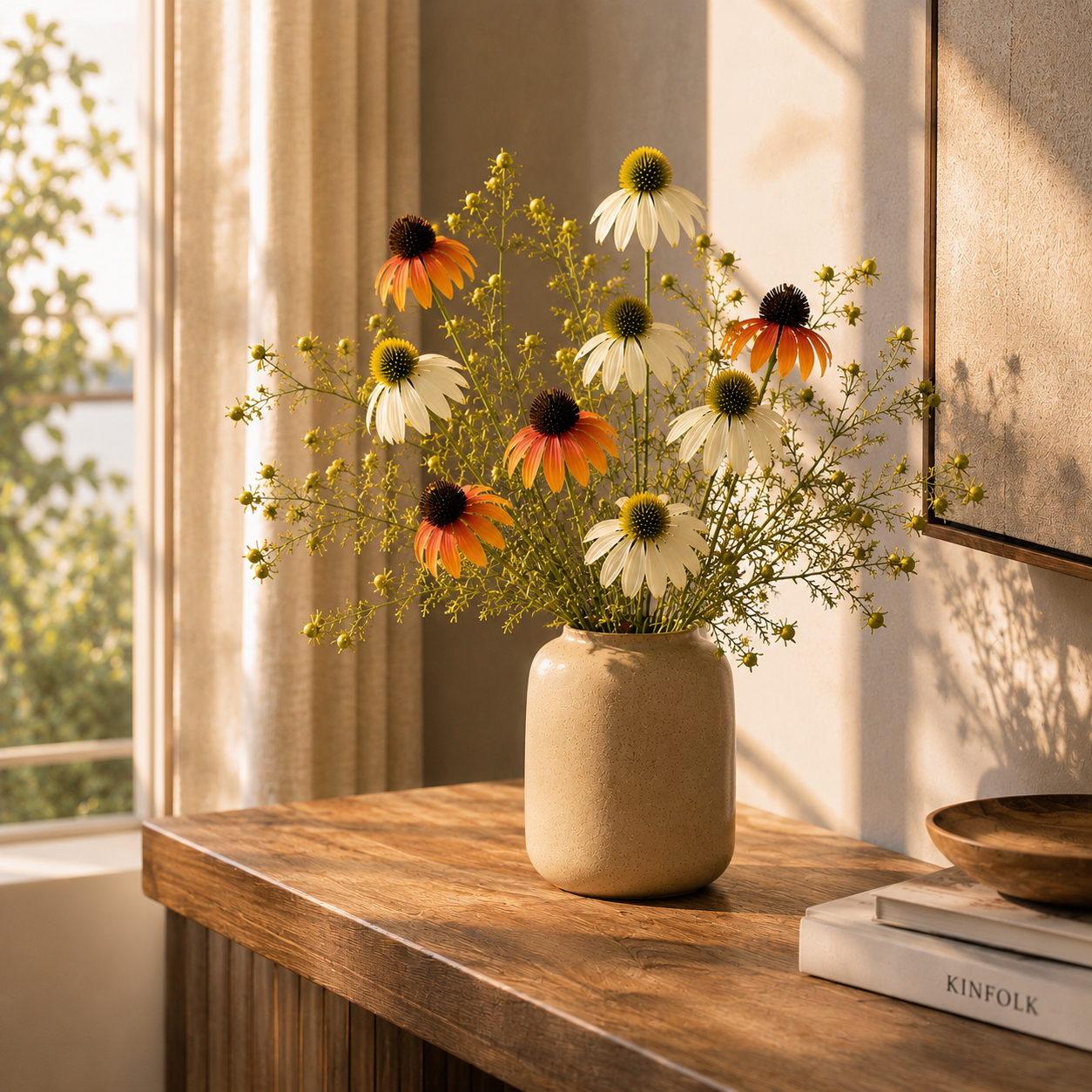 Timeless Faux Echinacea Daisy Bouquet for Vase, Tabletop & Entryway Decor