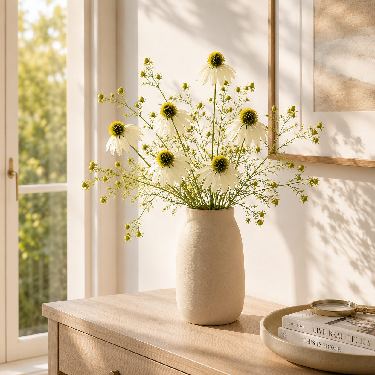 Timeless Faux Echinacea Daisy Bouquet for Vase, Tabletop & Entryway Decor