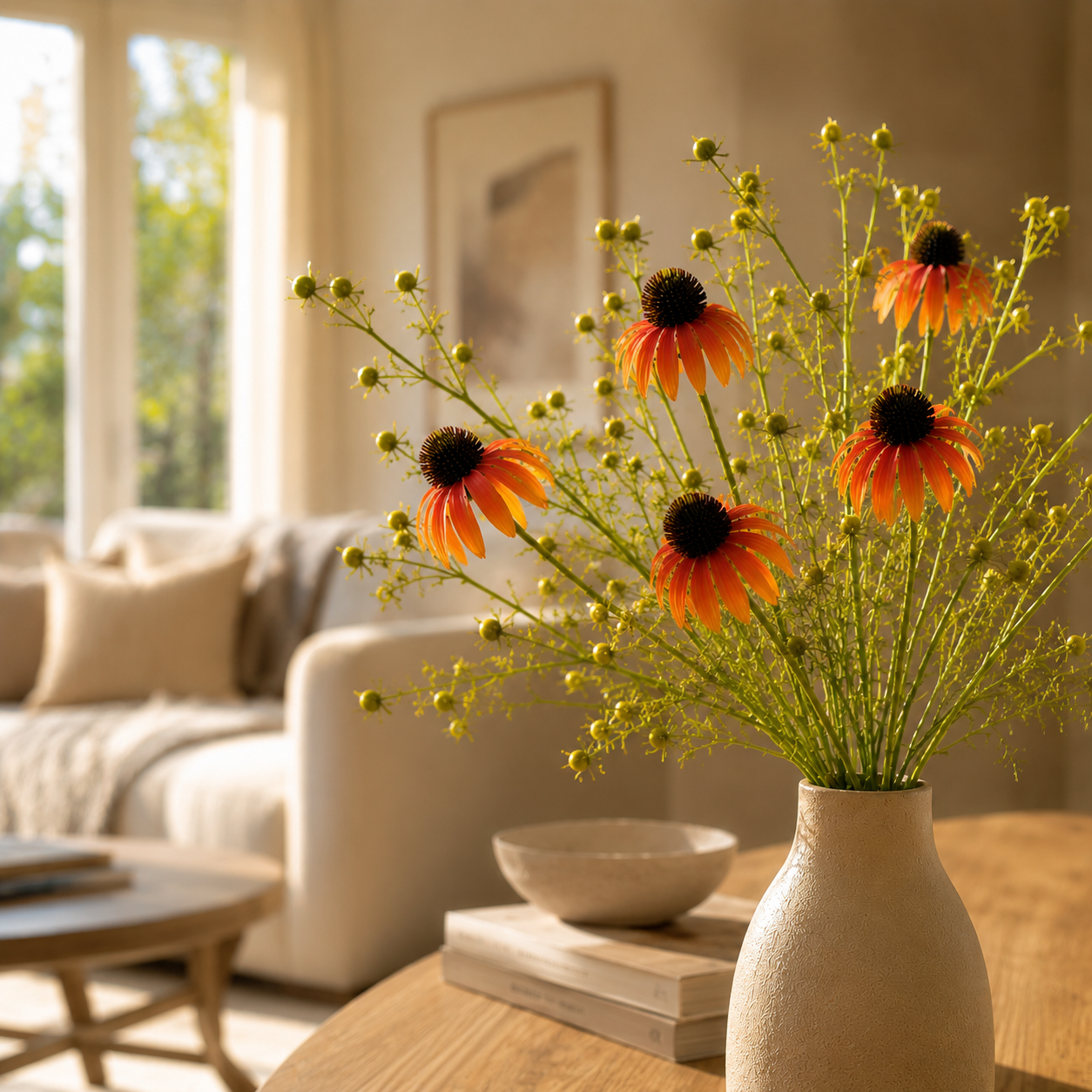 Timeless Faux Echinacea Daisy Bouquet for Vase, Tabletop & Entryway Decor