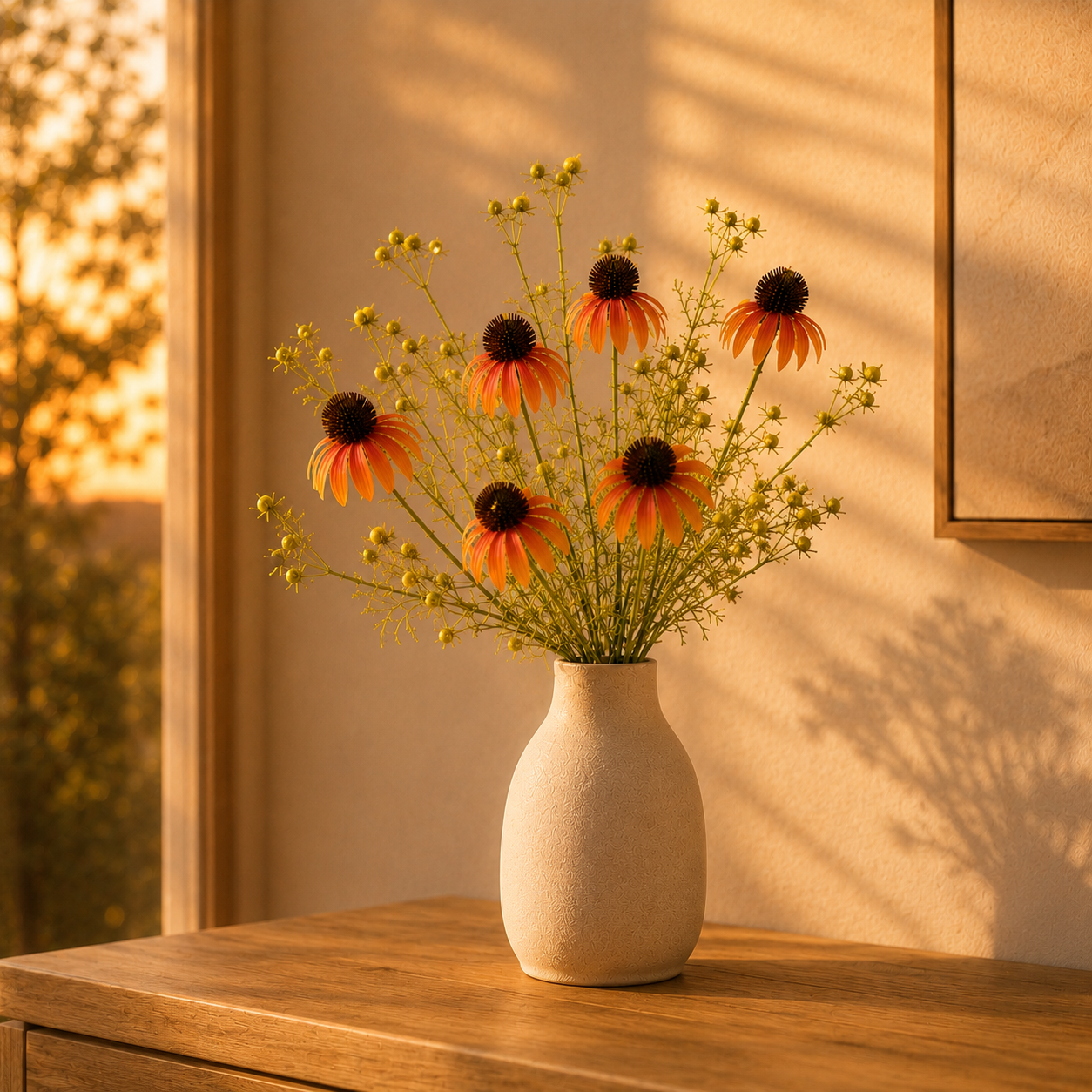 Timeless Faux Echinacea Daisy Bouquet for Vase, Tabletop & Entryway Decor