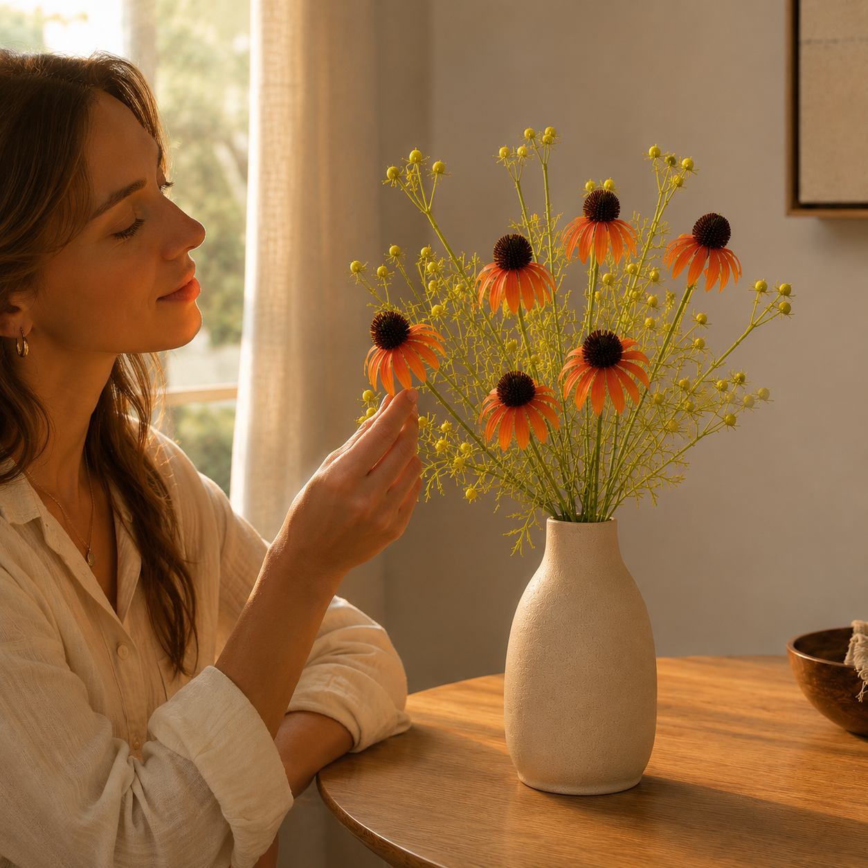 Timeless Faux Echinacea Daisy Bouquet for Vase, Tabletop & Entryway Decor