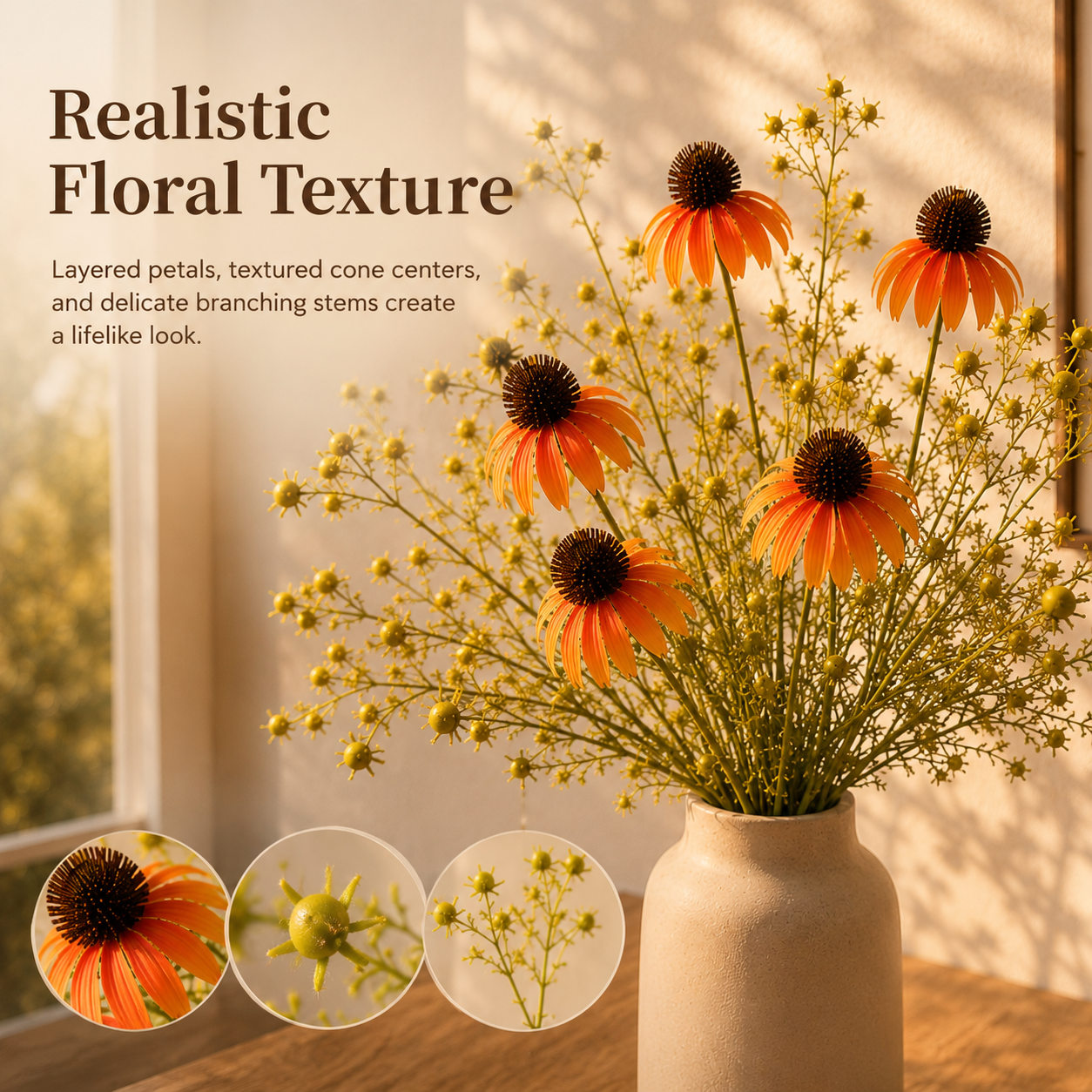 Timeless Faux Echinacea Daisy Bouquet for Vase, Tabletop & Entryway Decor