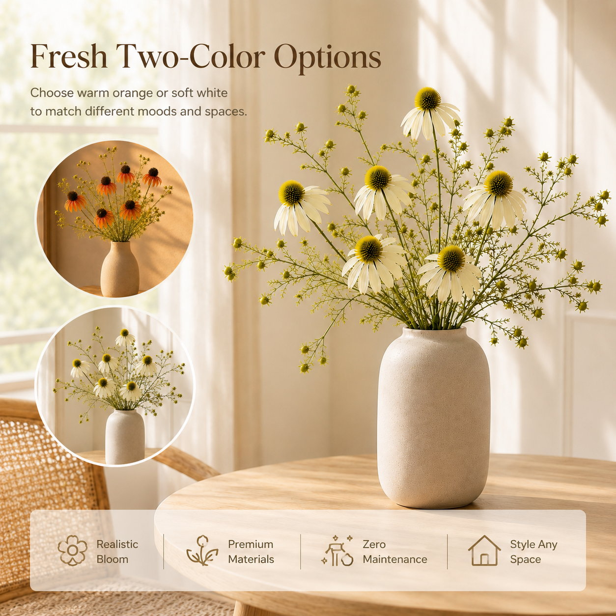Timeless Faux Echinacea Daisy Bouquet for Vase, Tabletop & Entryway Decor