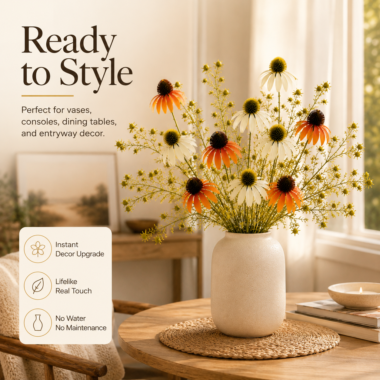 Timeless Faux Echinacea Daisy Bouquet for Vase, Tabletop & Entryway Decor