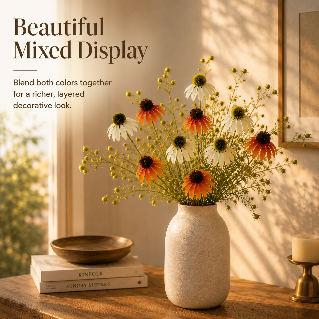 Timeless Faux Echinacea Daisy Bouquet for Vase, Tabletop & Entryway Decor