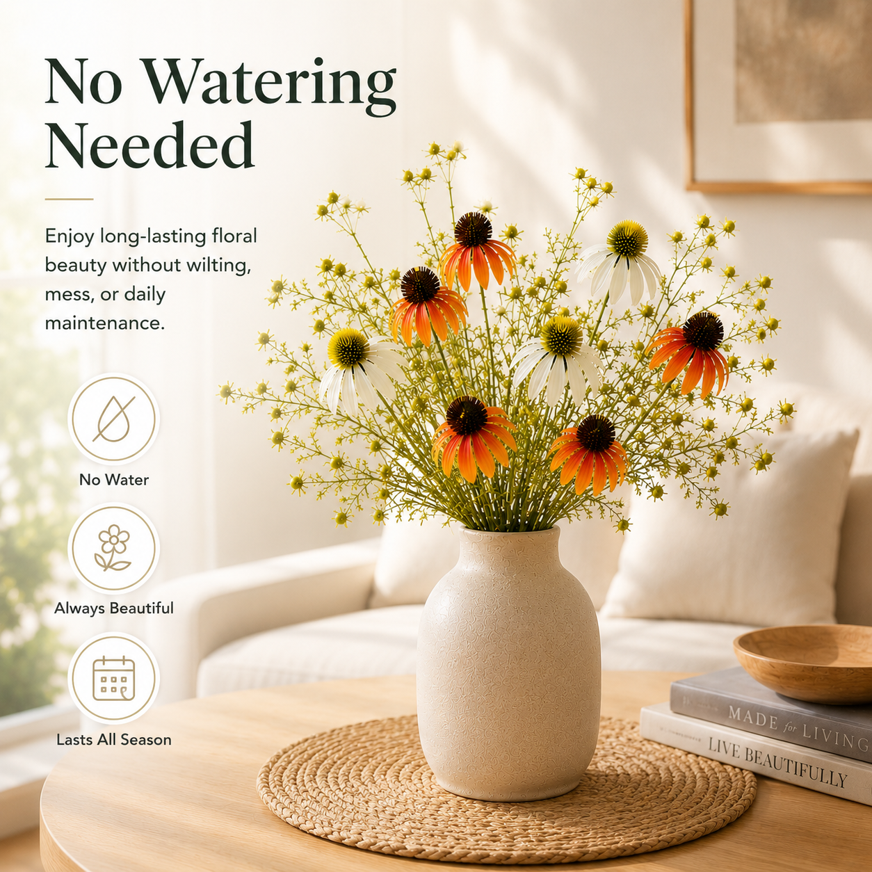 Timeless Faux Echinacea Daisy Bouquet for Vase, Tabletop & Entryway Decor