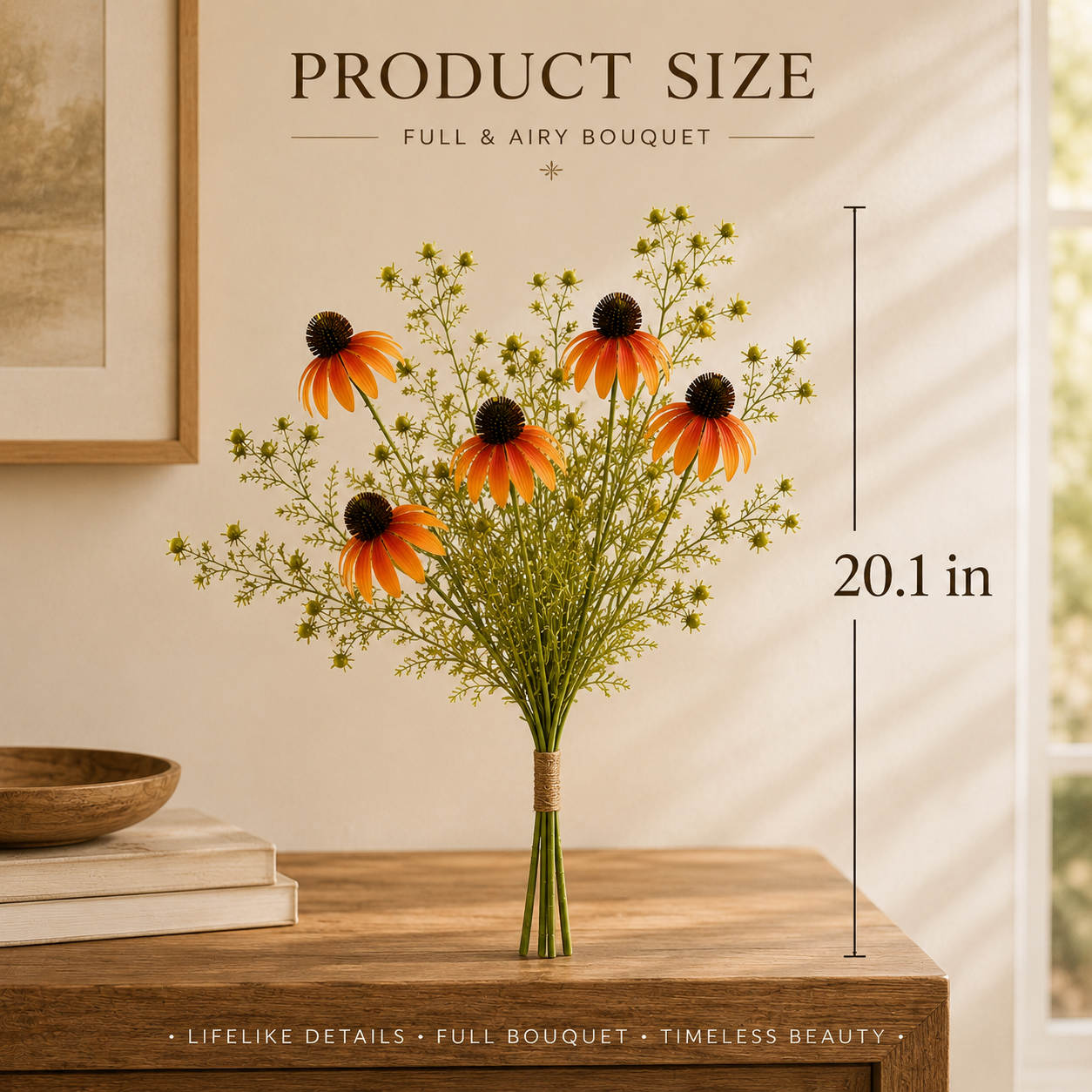 Timeless Faux Echinacea Daisy Bouquet for Vase, Tabletop & Entryway Decor