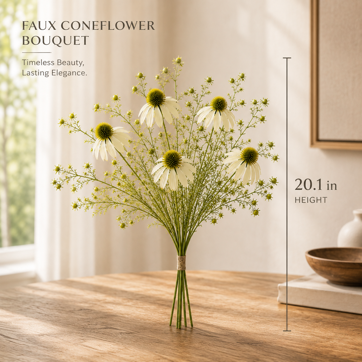 Timeless Faux Echinacea Daisy Bouquet for Vase, Tabletop & Entryway Decor