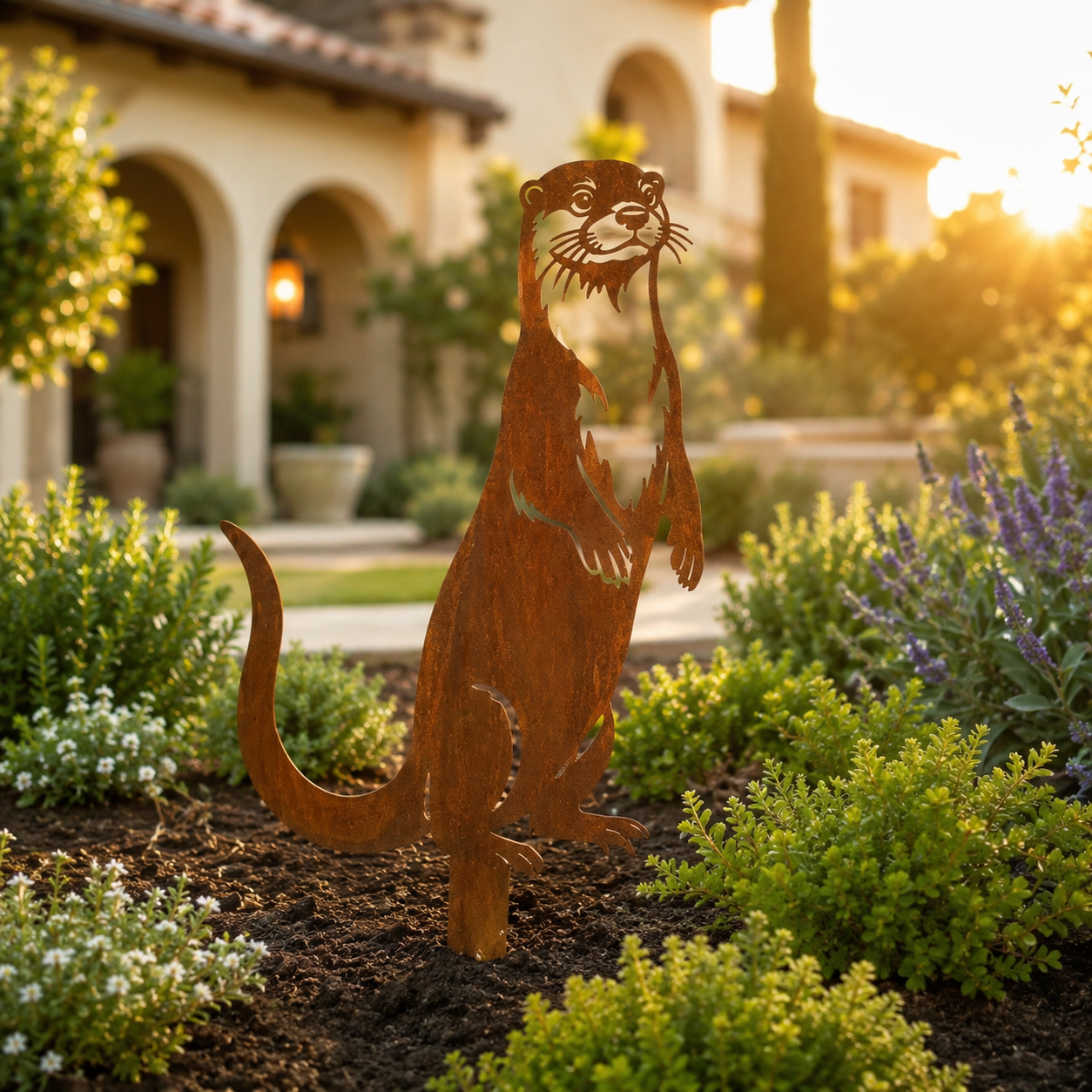 Whimsical Otter Garden Stake – Cozy Rustic Metal Decor for Front Yards, Borders & Outdoor Spaces