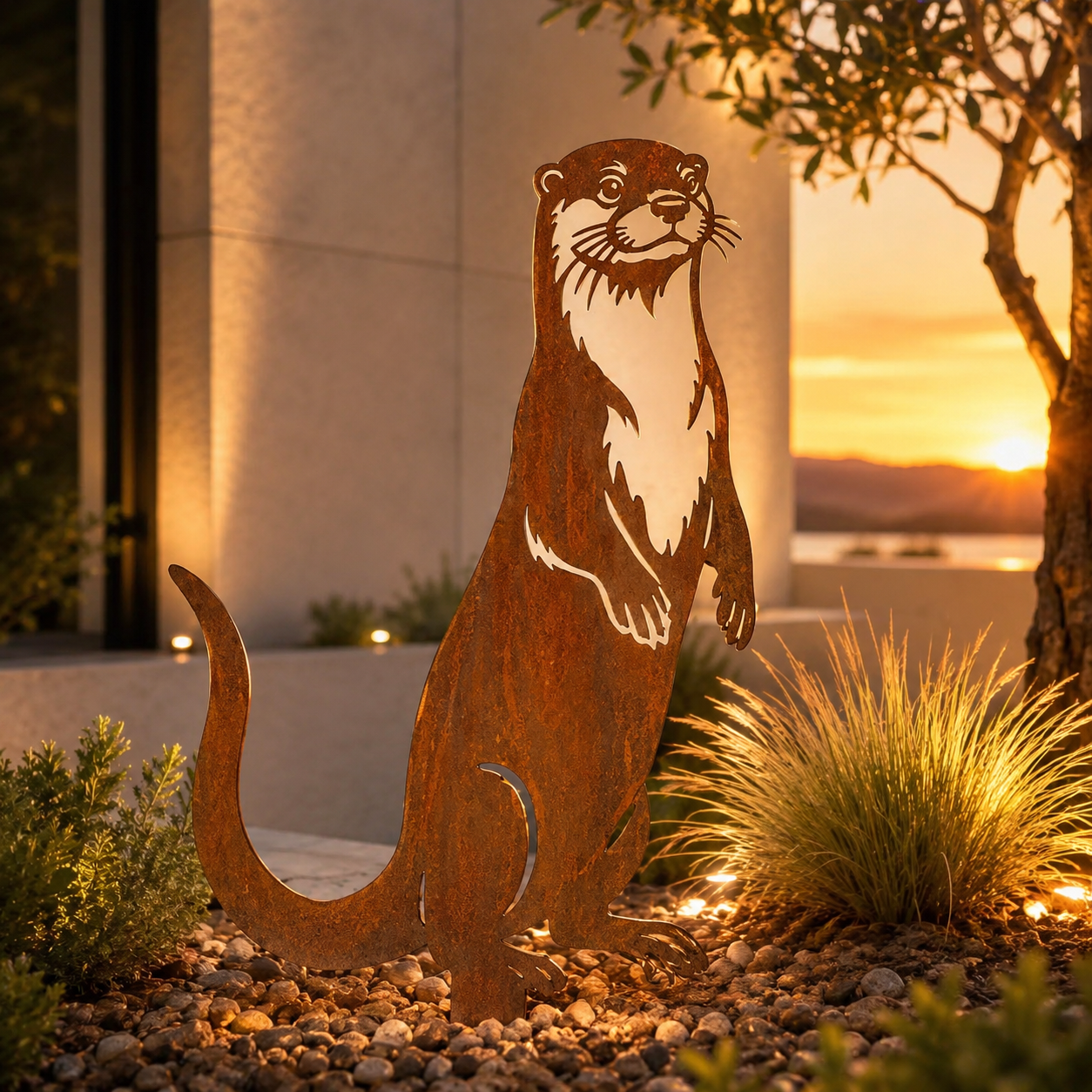 Whimsical Otter Garden Stake – Cozy Rustic Metal Decor for Front Yards, Borders & Outdoor Spaces