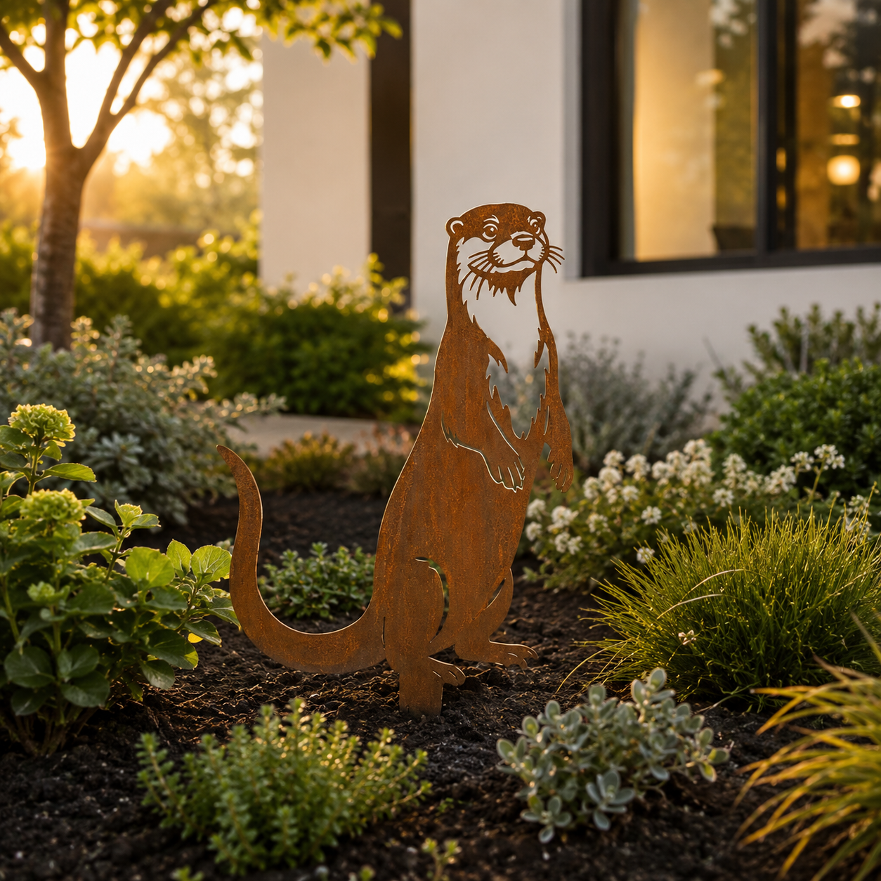 Whimsical Otter Garden Stake – Cozy Rustic Metal Decor for Front Yards, Borders & Outdoor Spaces