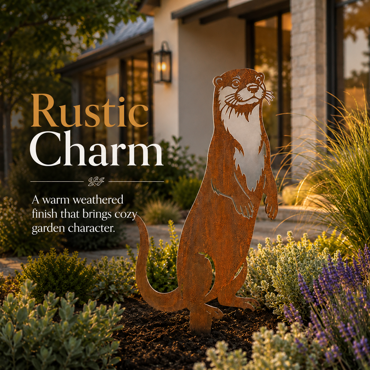 Whimsical Otter Garden Stake – Cozy Rustic Metal Decor for Front Yards, Borders & Outdoor Spaces