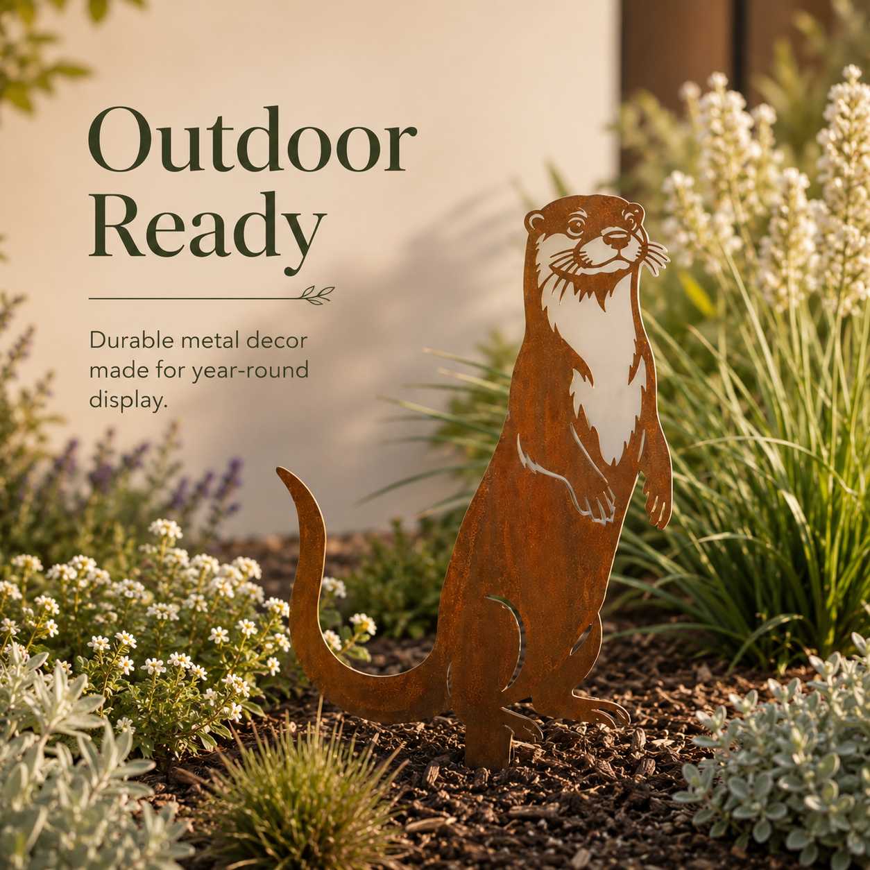Whimsical Otter Garden Stake – Cozy Rustic Metal Decor for Front Yards, Borders & Outdoor Spaces