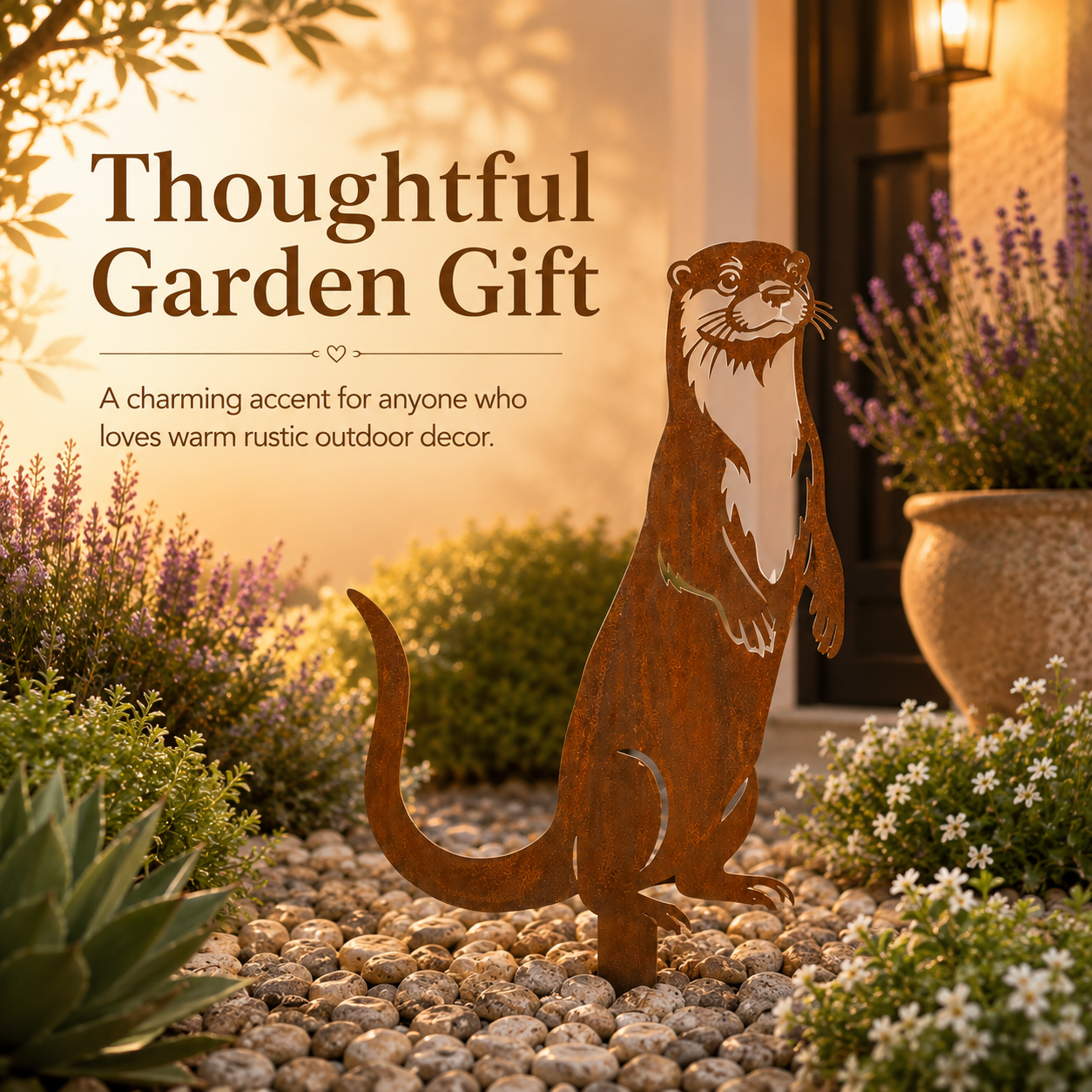 Whimsical Otter Garden Stake – Cozy Rustic Metal Decor for Front Yards, Borders & Outdoor Spaces