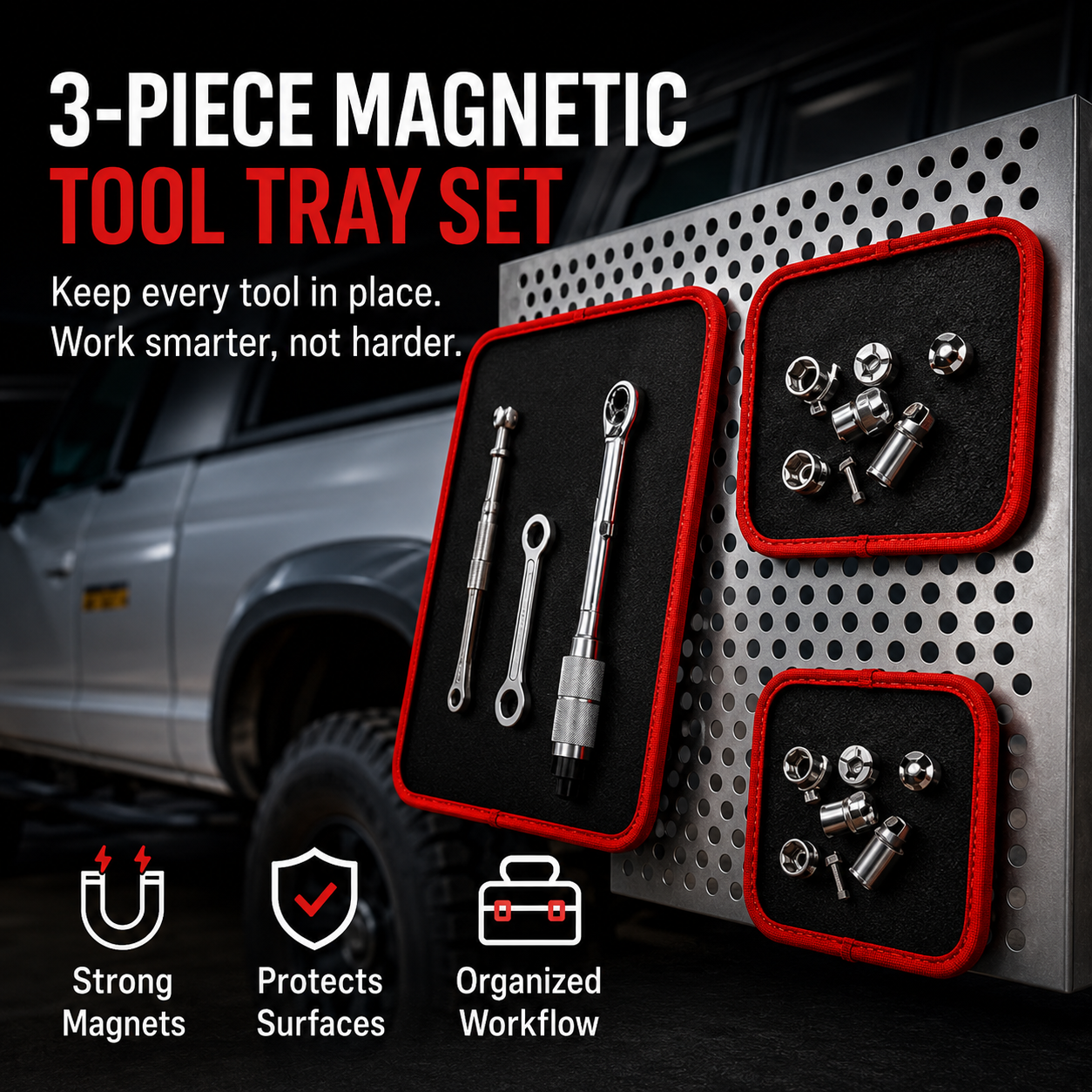 3-Piece Magnetic Tool Tray Set for Garage & Auto Repair