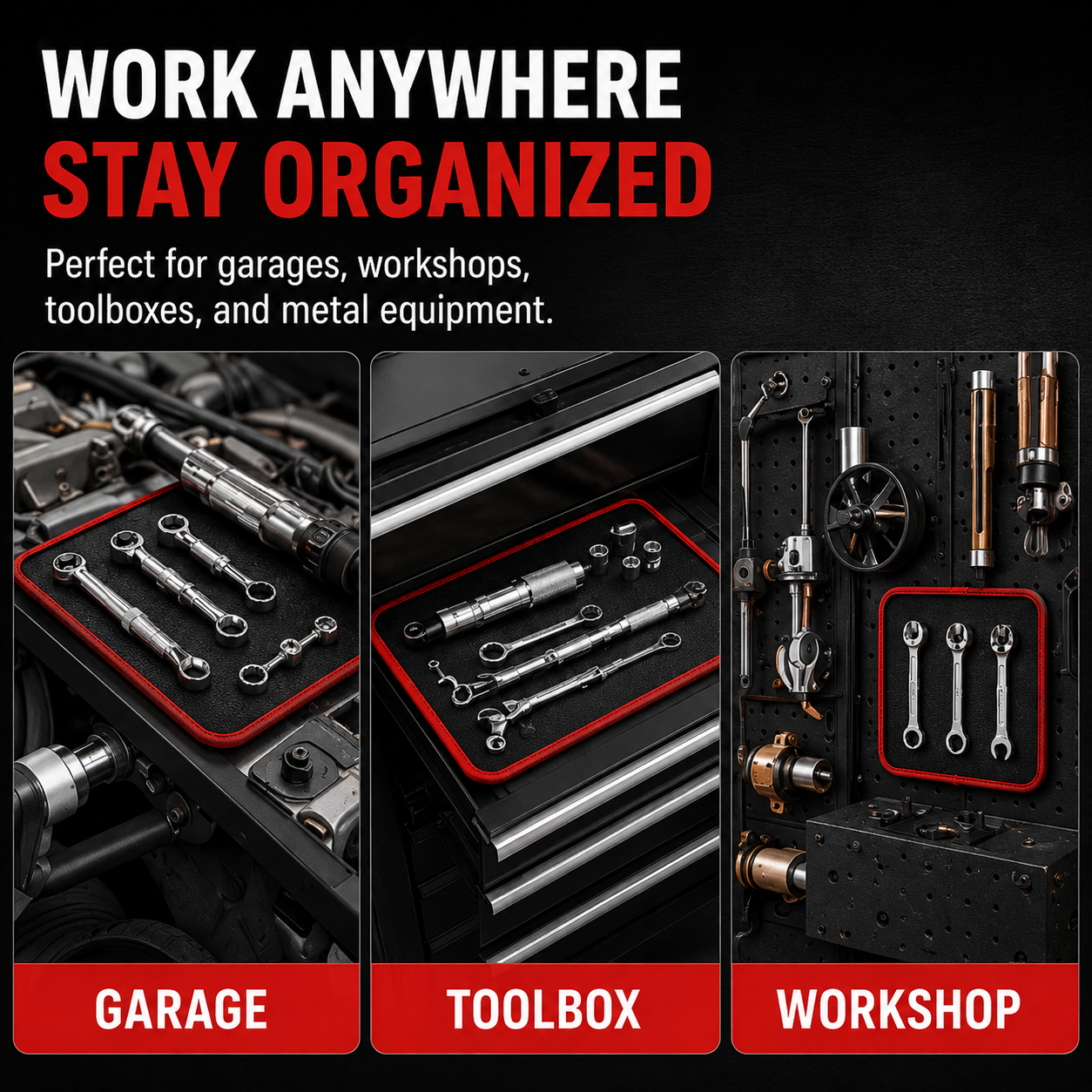 3-Piece Magnetic Tool Tray Set for Garage & Auto Repair