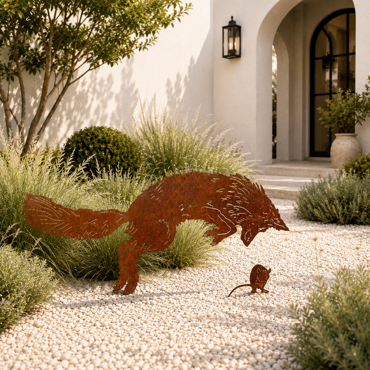 Rustic Fox & Mouse Metal Garden Stake Set