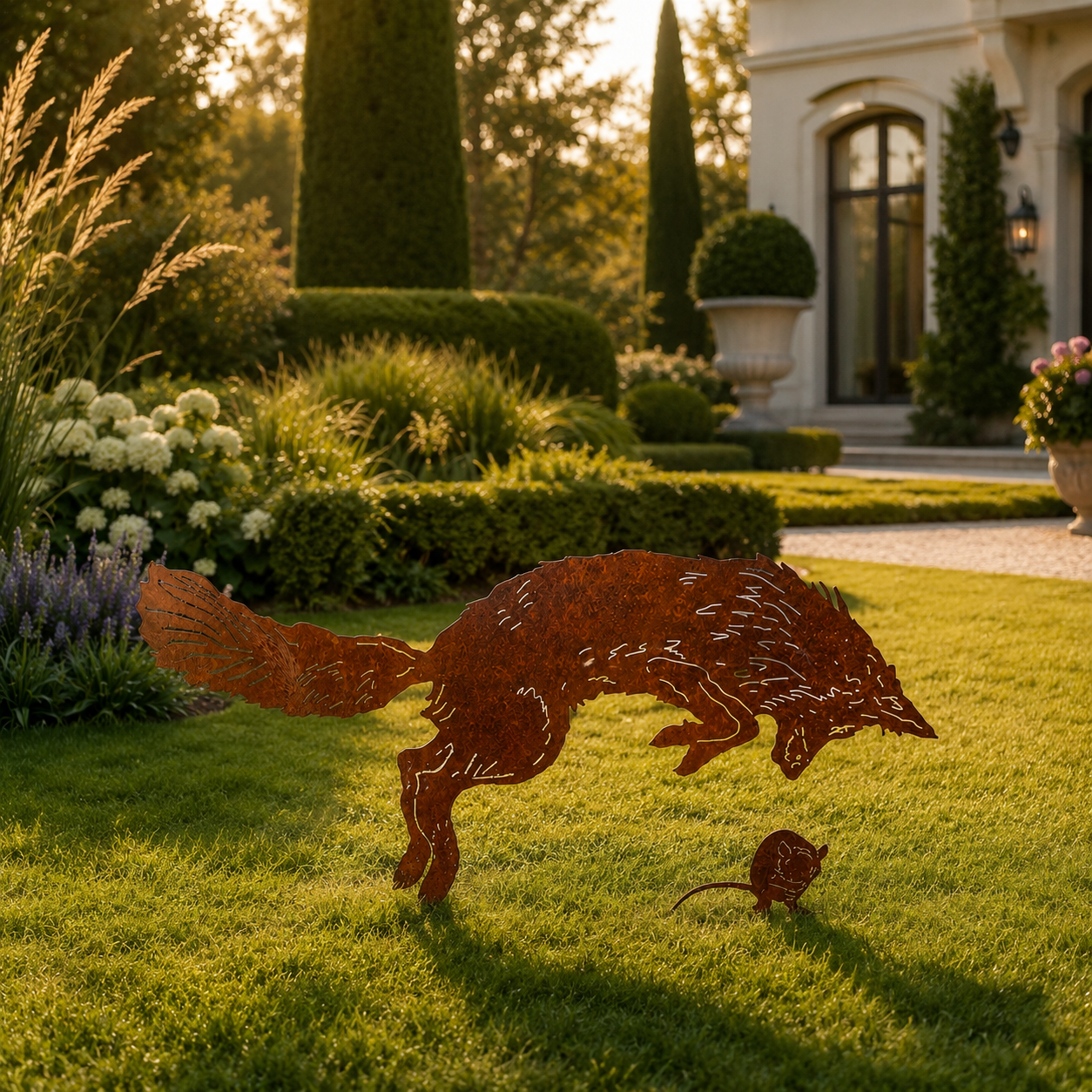 Rustic Fox & Mouse Metal Garden Stake Set