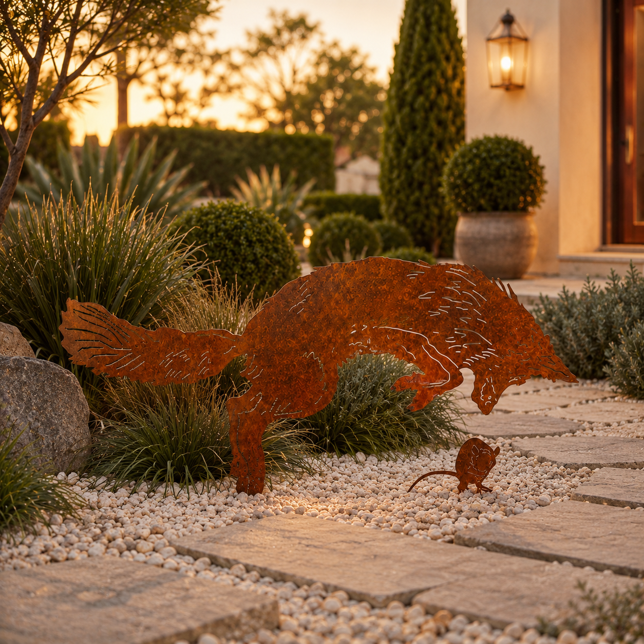 Rustic Fox & Mouse Metal Garden Stake Set