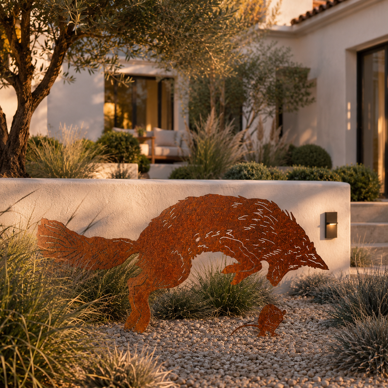 Rustic Fox & Mouse Metal Garden Stake Set