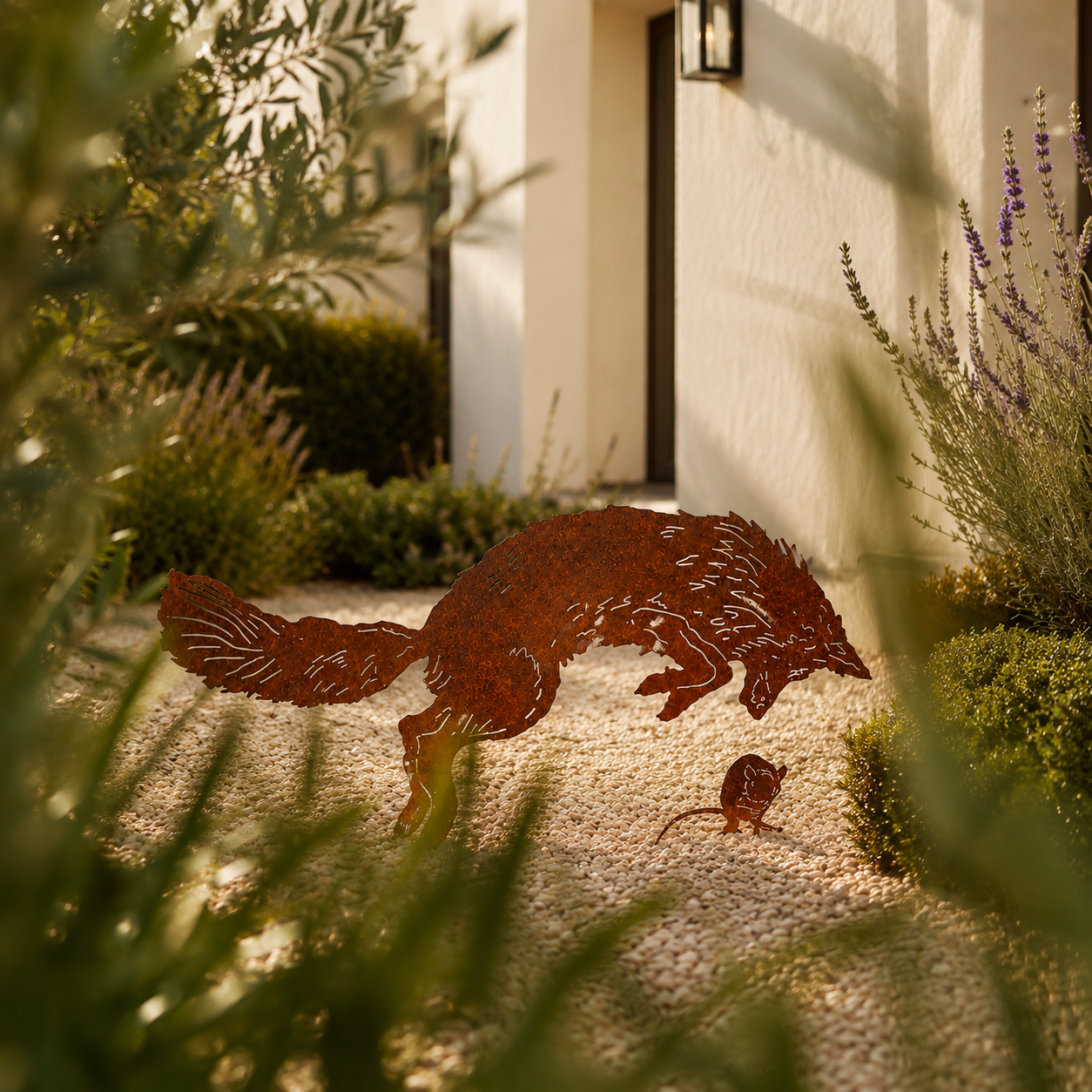Rustic Fox & Mouse Metal Garden Stake Set