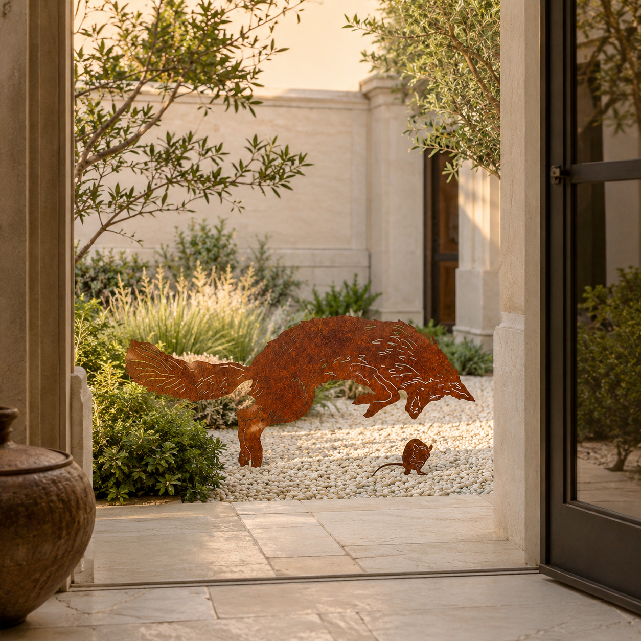 Rustic Fox & Mouse Metal Garden Stake Set