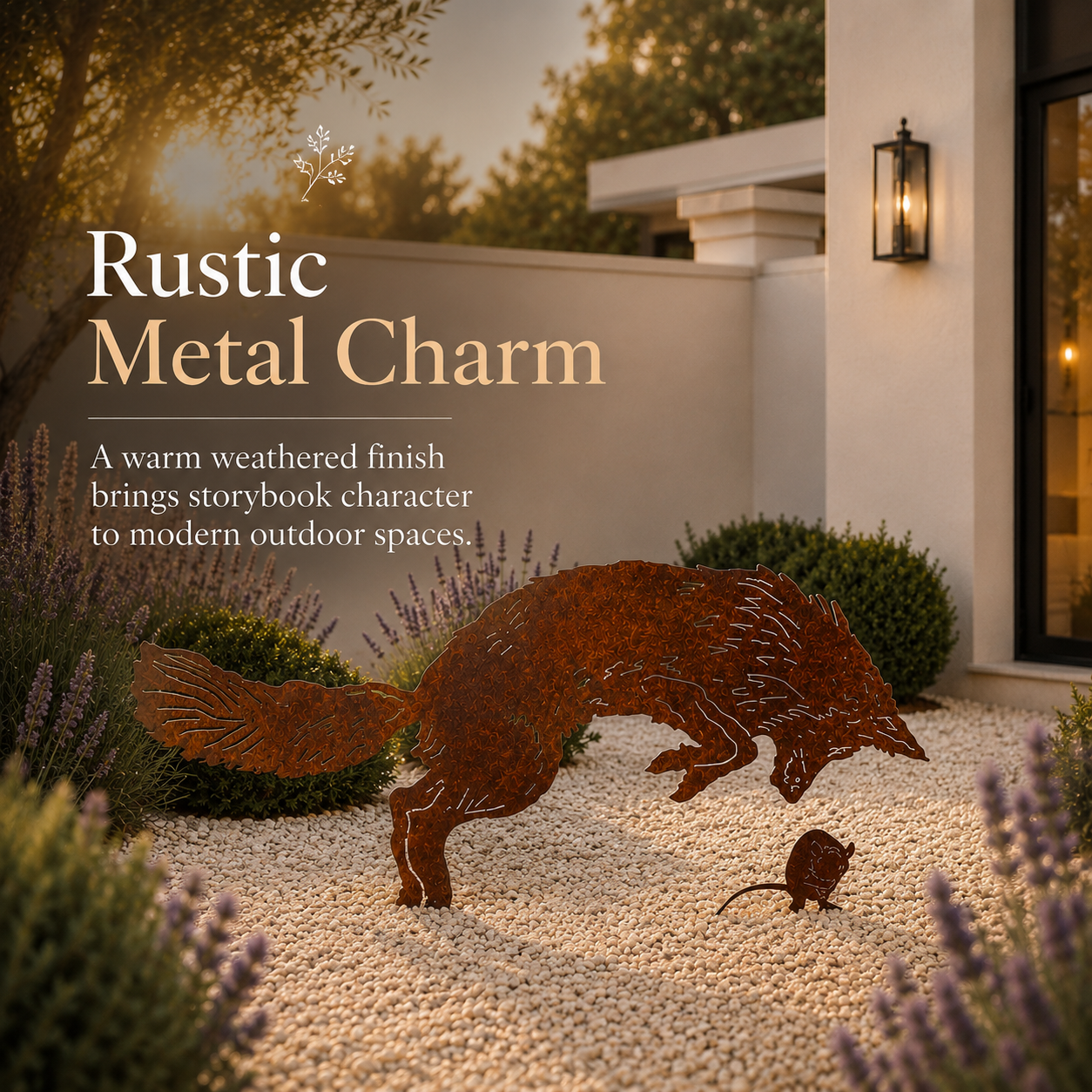 Rustic Fox & Mouse Metal Garden Stake Set
