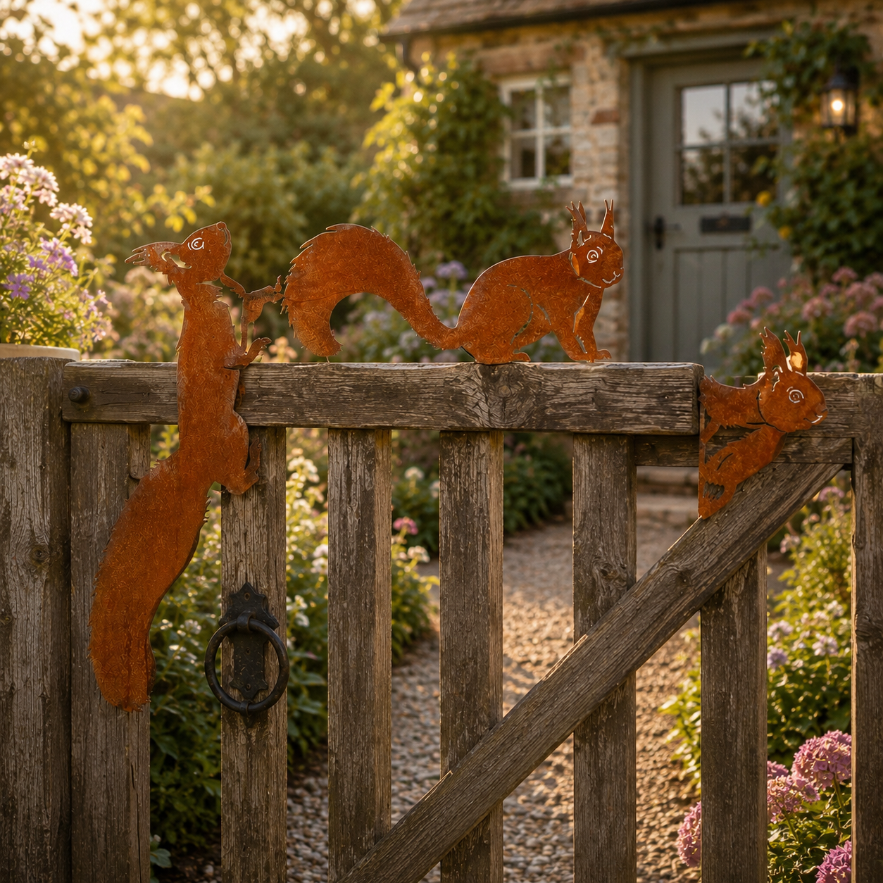 Whimsical Squirrel Garden Decor Set – 3-Piece Rustic Metal Accents for Planters, Fences & Trees