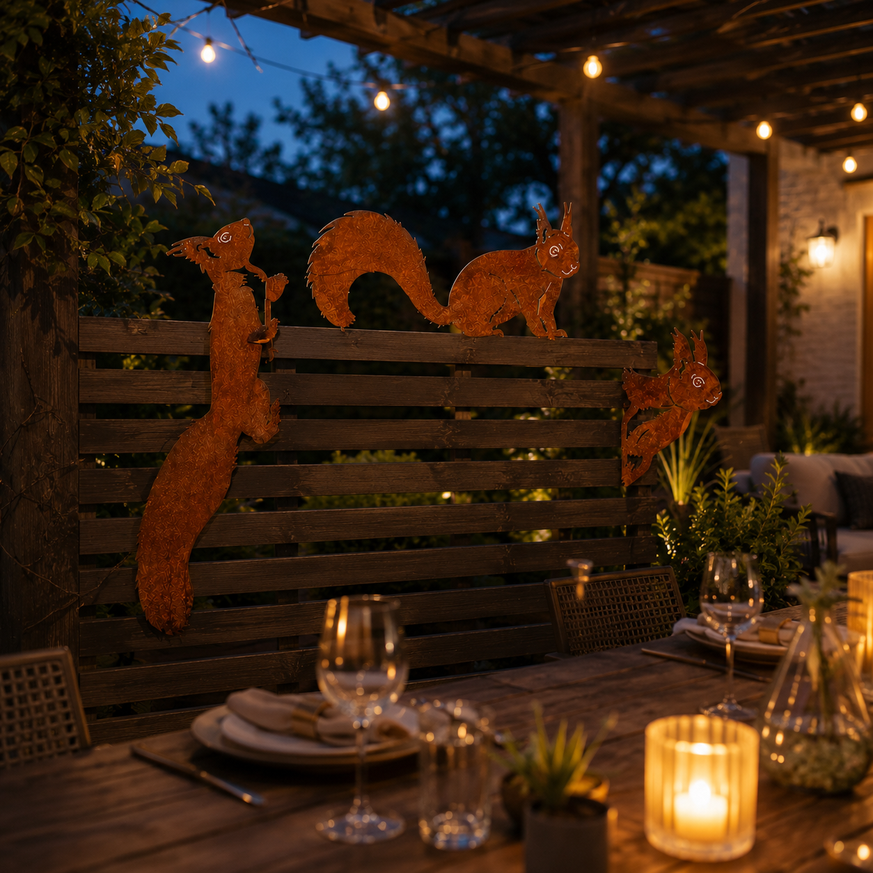 Whimsical Squirrel Garden Decor Set – 3-Piece Rustic Metal Accents for Planters, Fences & Trees