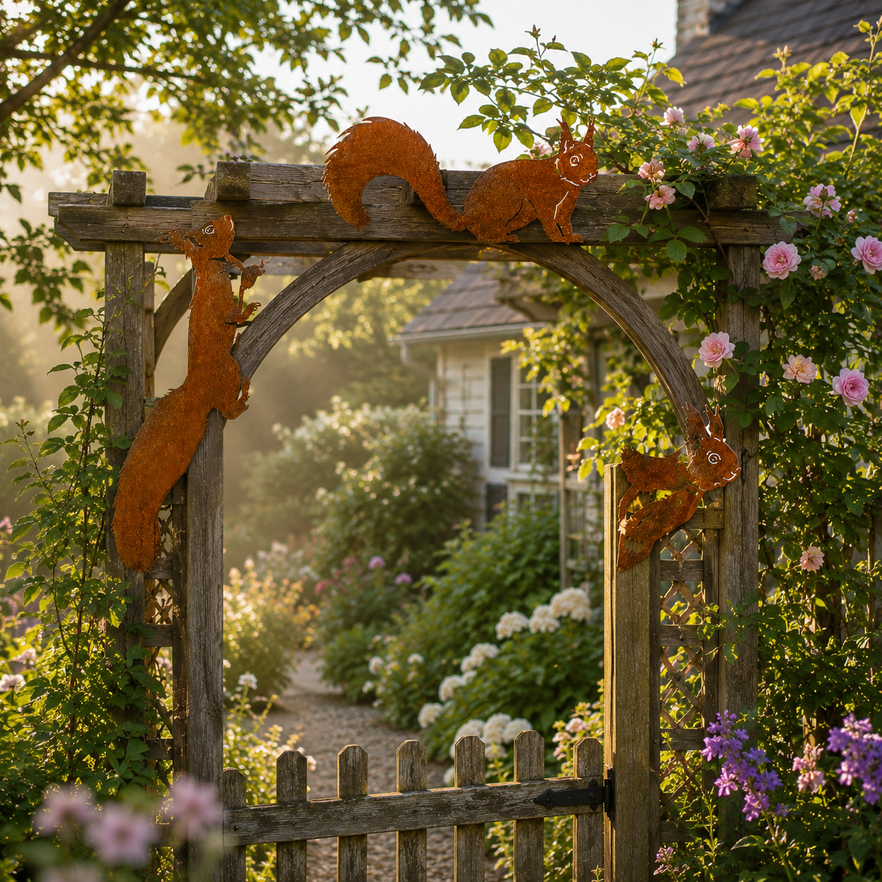 Whimsical Squirrel Garden Decor Set – 3-Piece Rustic Metal Accents for Planters, Fences & Trees