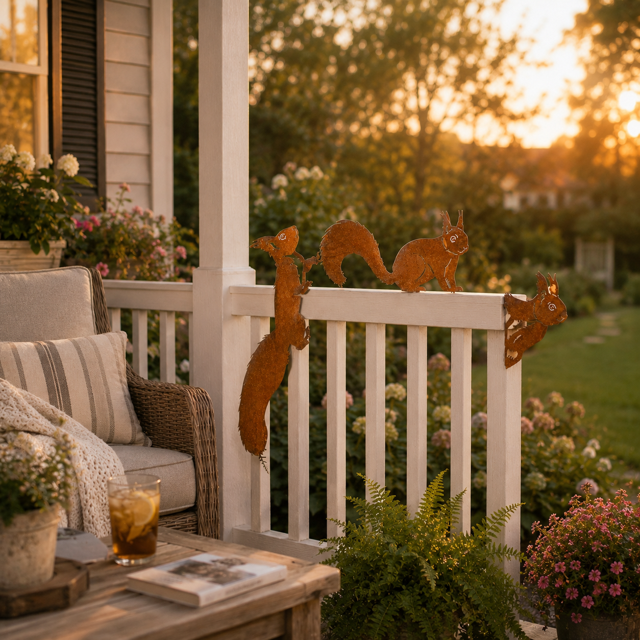 Whimsical Squirrel Garden Decor Set – 3-Piece Rustic Metal Accents for Planters, Fences & Trees