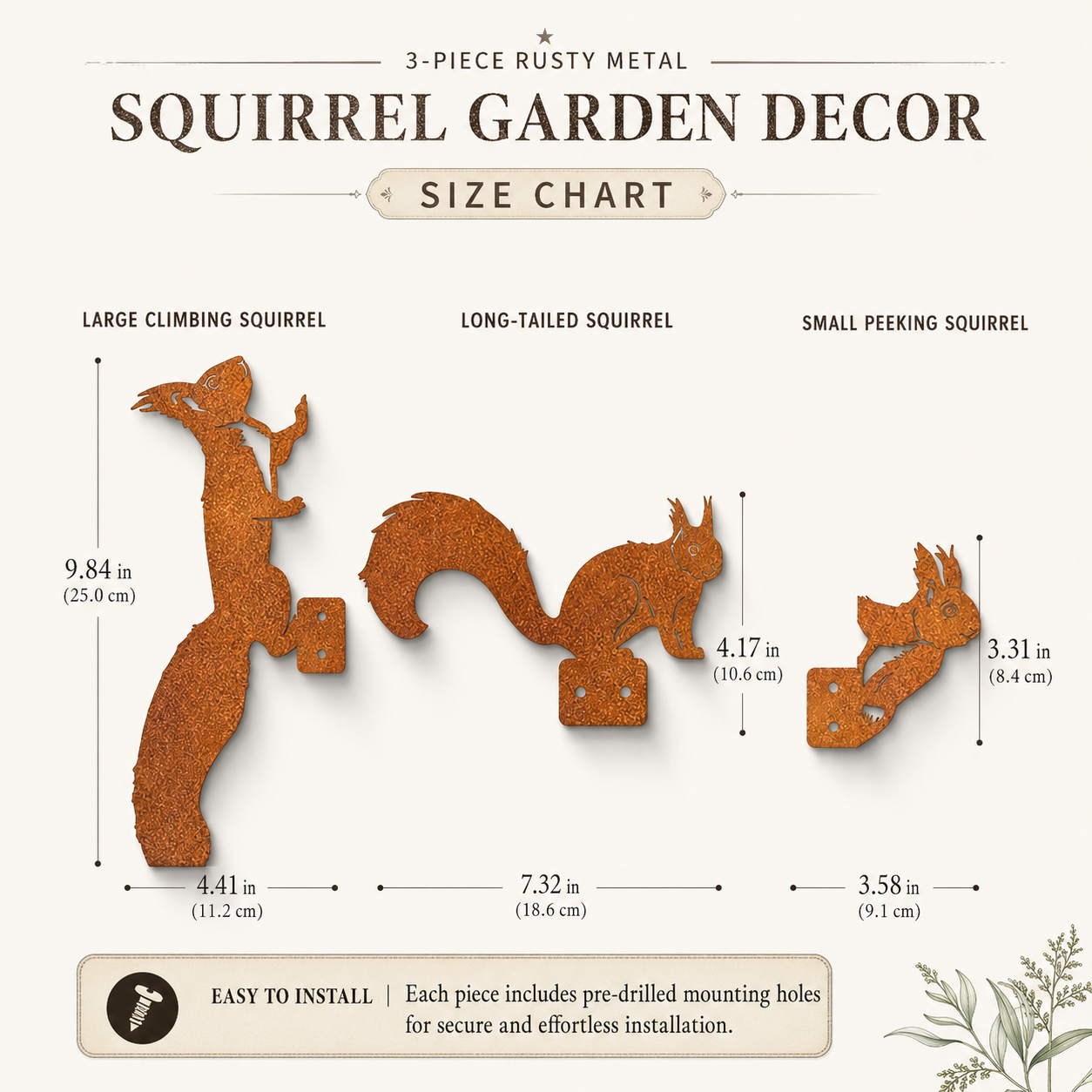 Whimsical Squirrel Garden Decor Set – 3-Piece Rustic Metal Accents for Planters, Fences & Trees