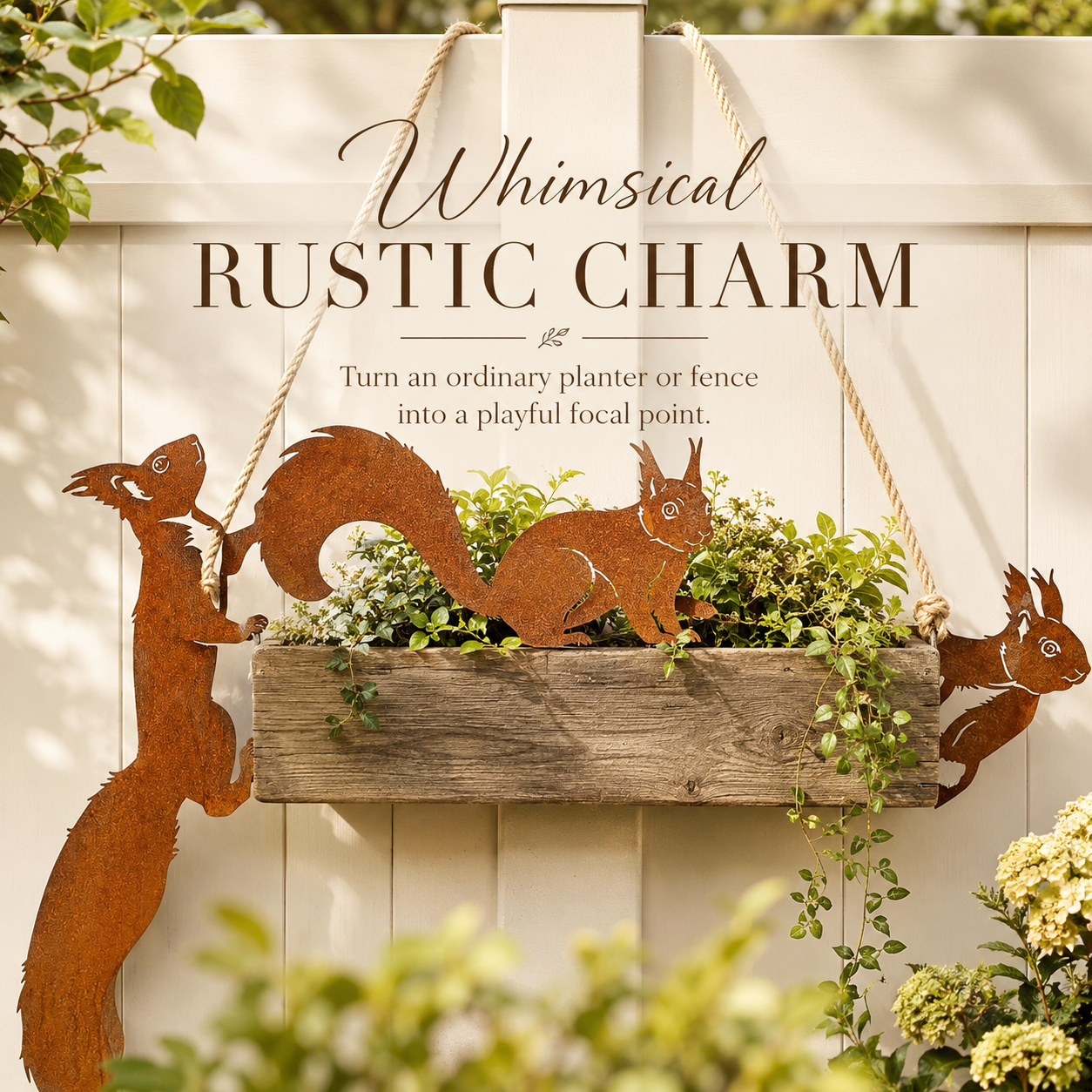 Whimsical Squirrel Garden Decor Set – 3-Piece Rustic Metal Accents for Planters, Fences & Trees