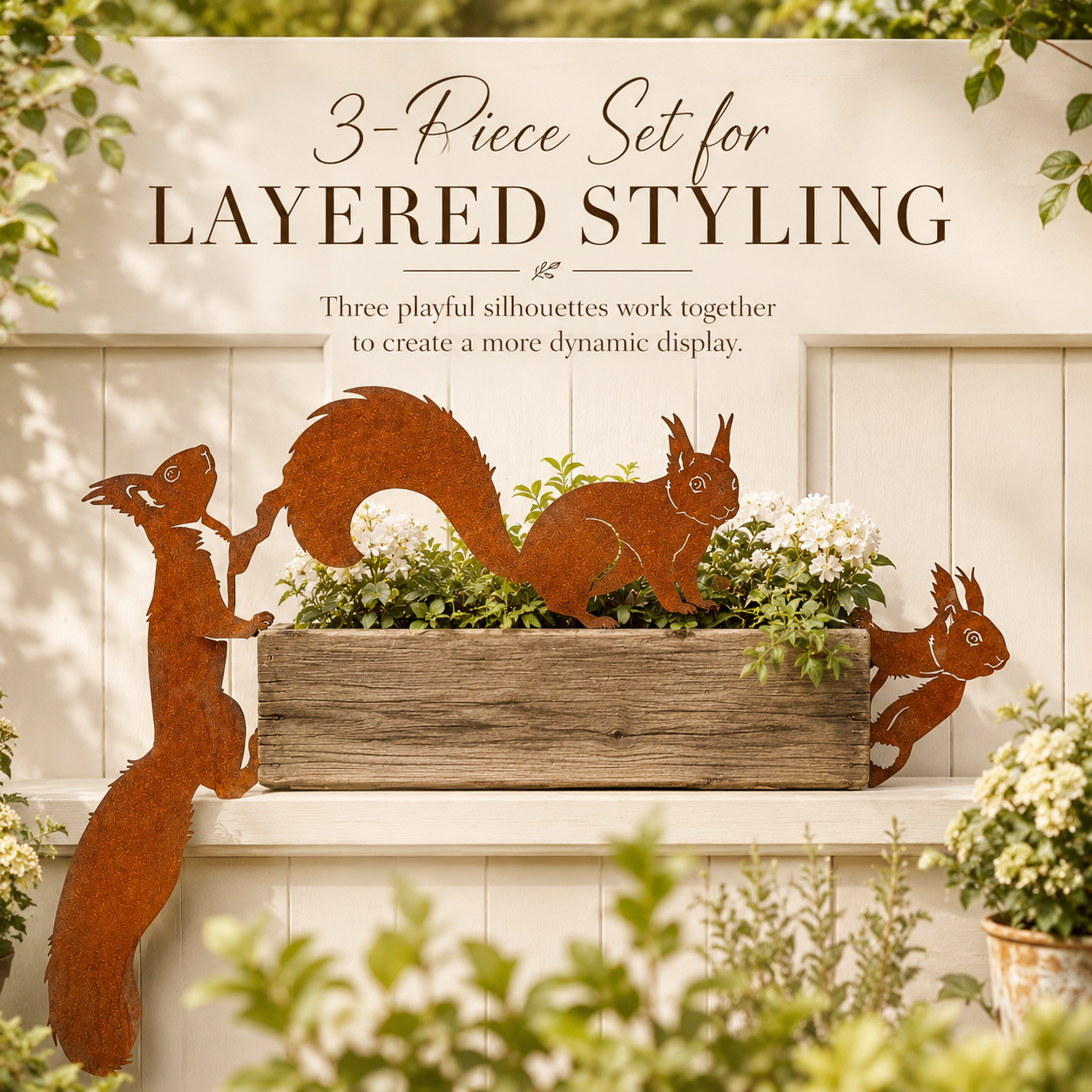 Whimsical Squirrel Garden Decor Set – 3-Piece Rustic Metal Accents for Planters, Fences & Trees