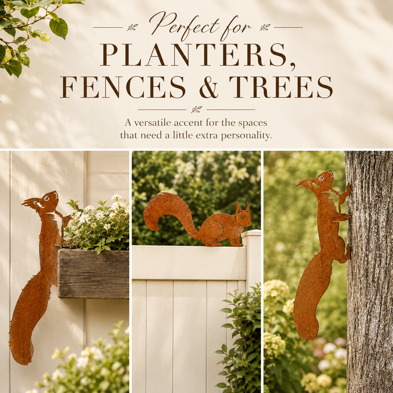 Whimsical Squirrel Garden Decor Set – 3-Piece Rustic Metal Accents for Planters, Fences & Trees