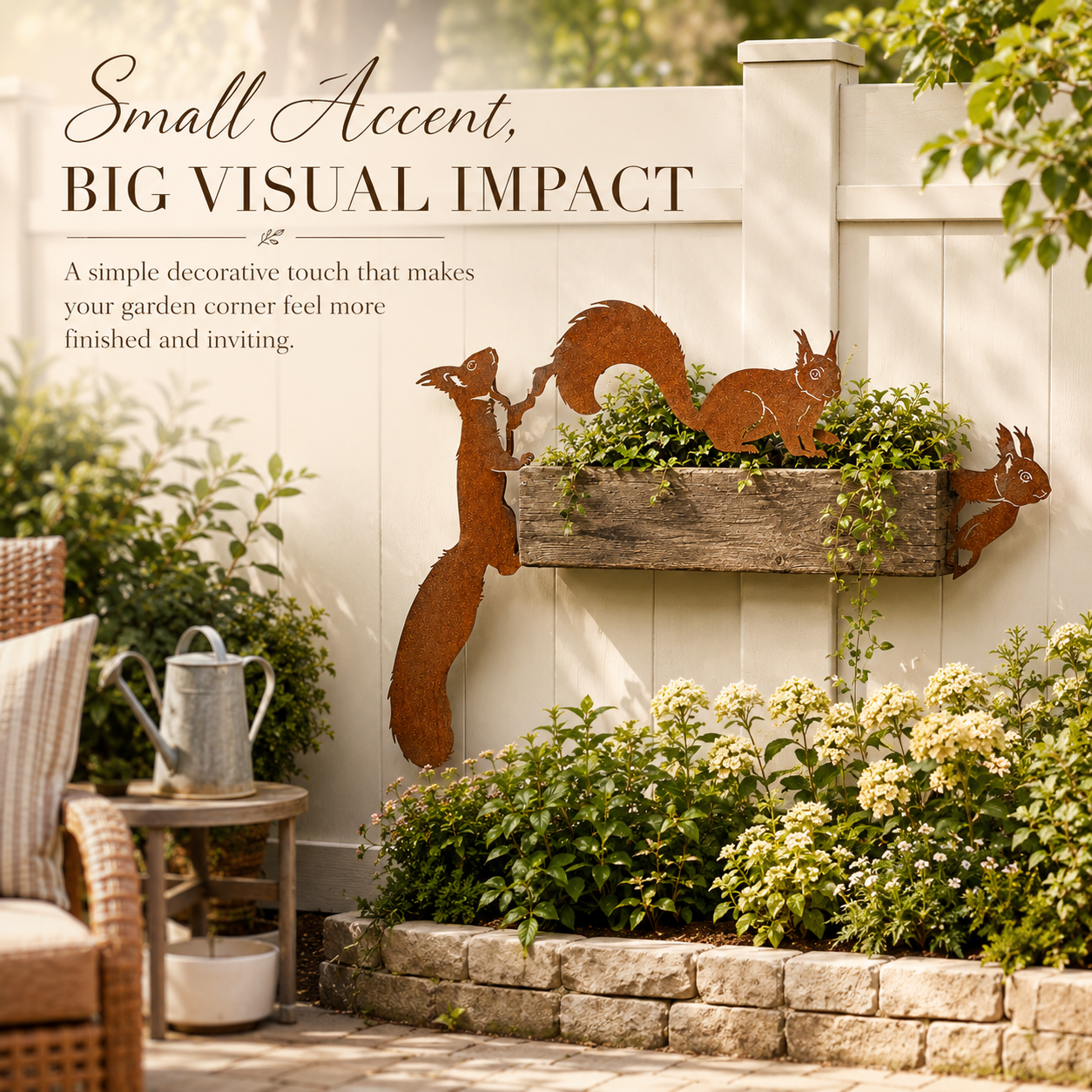 Whimsical Squirrel Garden Decor Set – 3-Piece Rustic Metal Accents for Planters, Fences & Trees