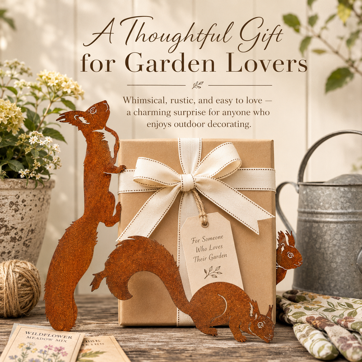 Whimsical Squirrel Garden Decor Set – 3-Piece Rustic Metal Accents for Planters, Fences & Trees